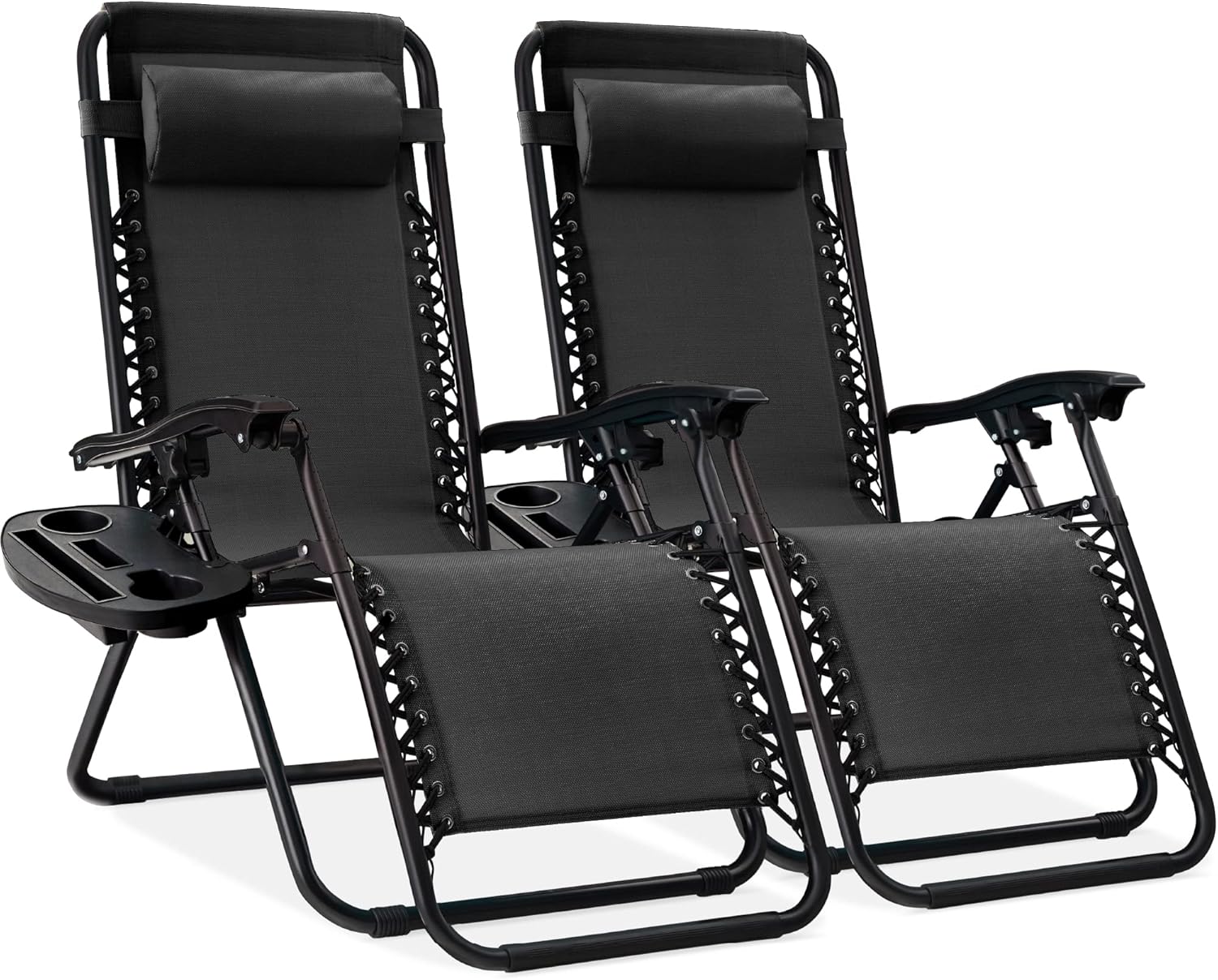 Best Choice Products Set of 2 Adjustable Steel Mesh Zero Gravity Lounge Chair Recliners w/Pillows and Cup Holder Trays – Black