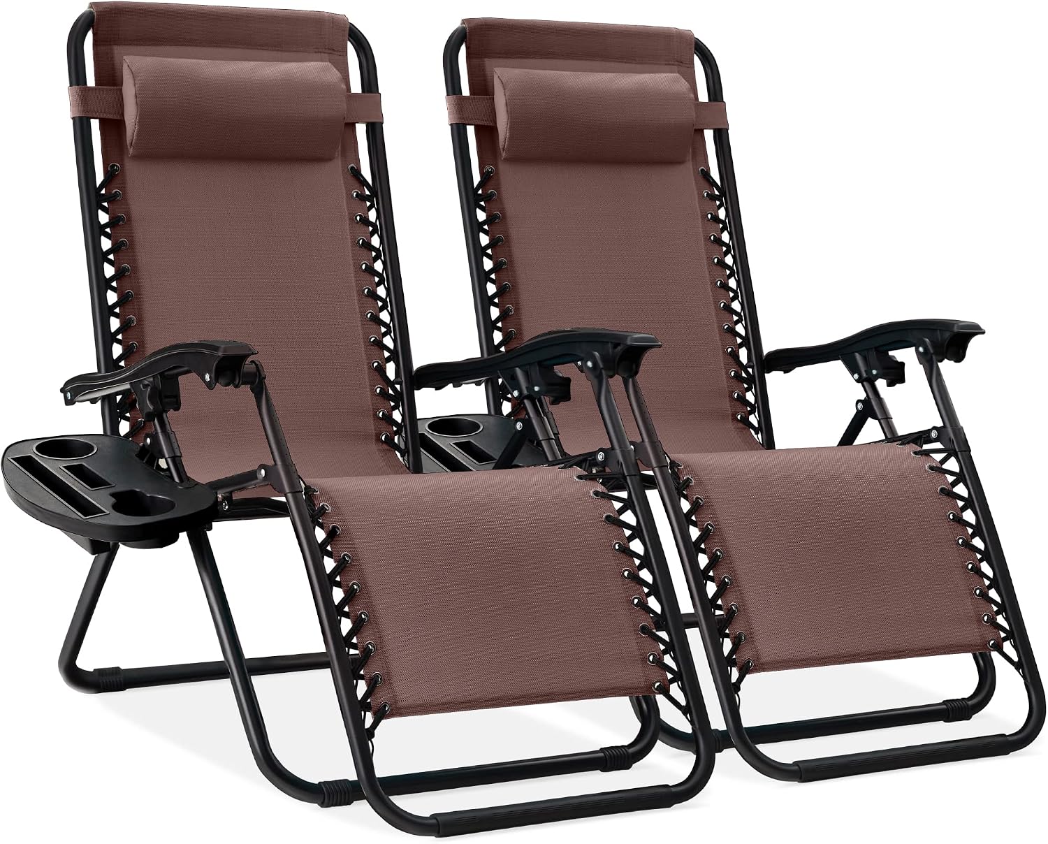 Best Choice Products Set of 2 Adjustable Steel Mesh Zero Gravity Lounge Chair Recliners w/Pillows and Cup Holder Trays – Brown