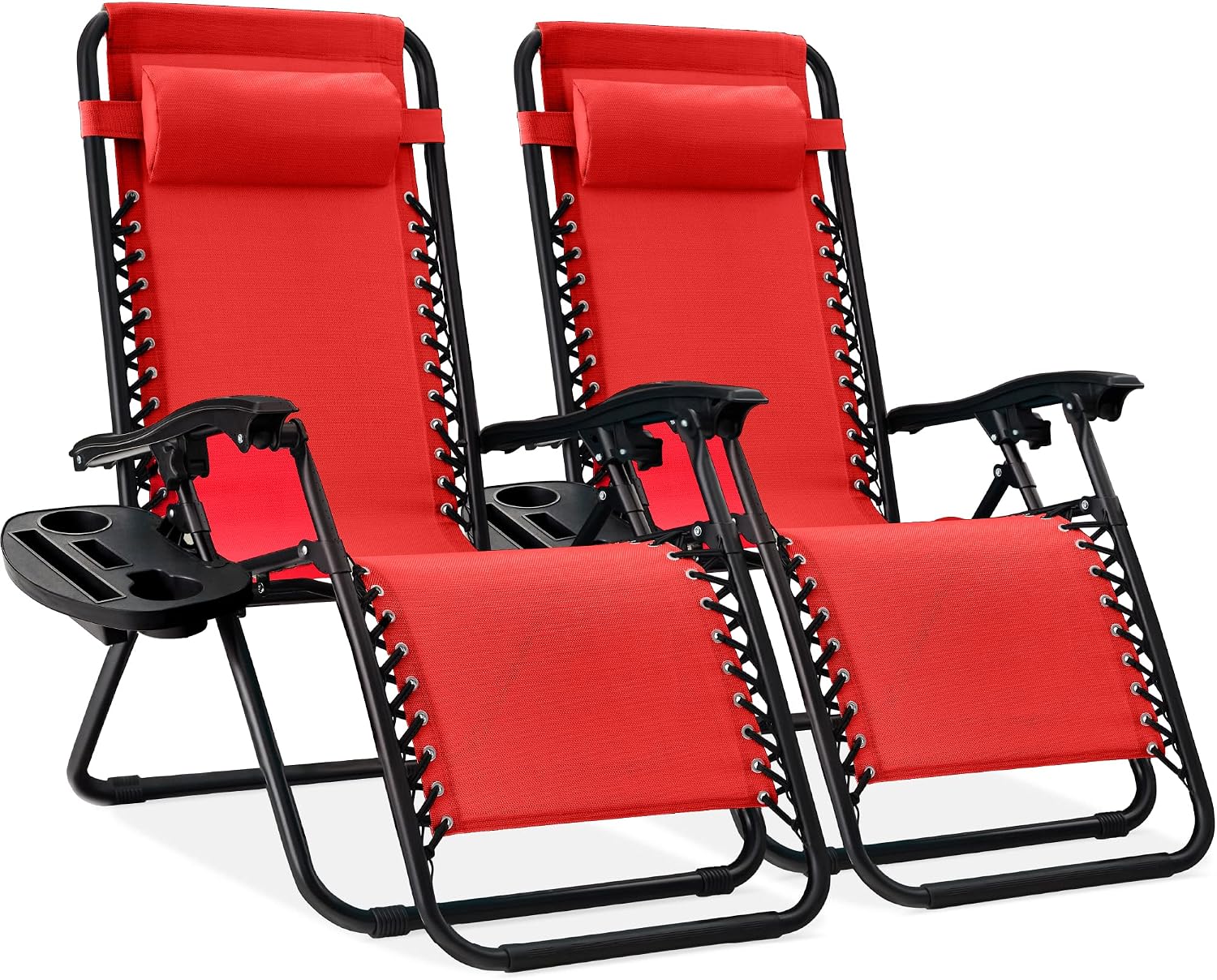 Best Choice Products Set of 2 Adjustable Steel Mesh Zero Gravity Lounge Chair Recliners w/Pillows and Cup Holder Trays – Crimson Red