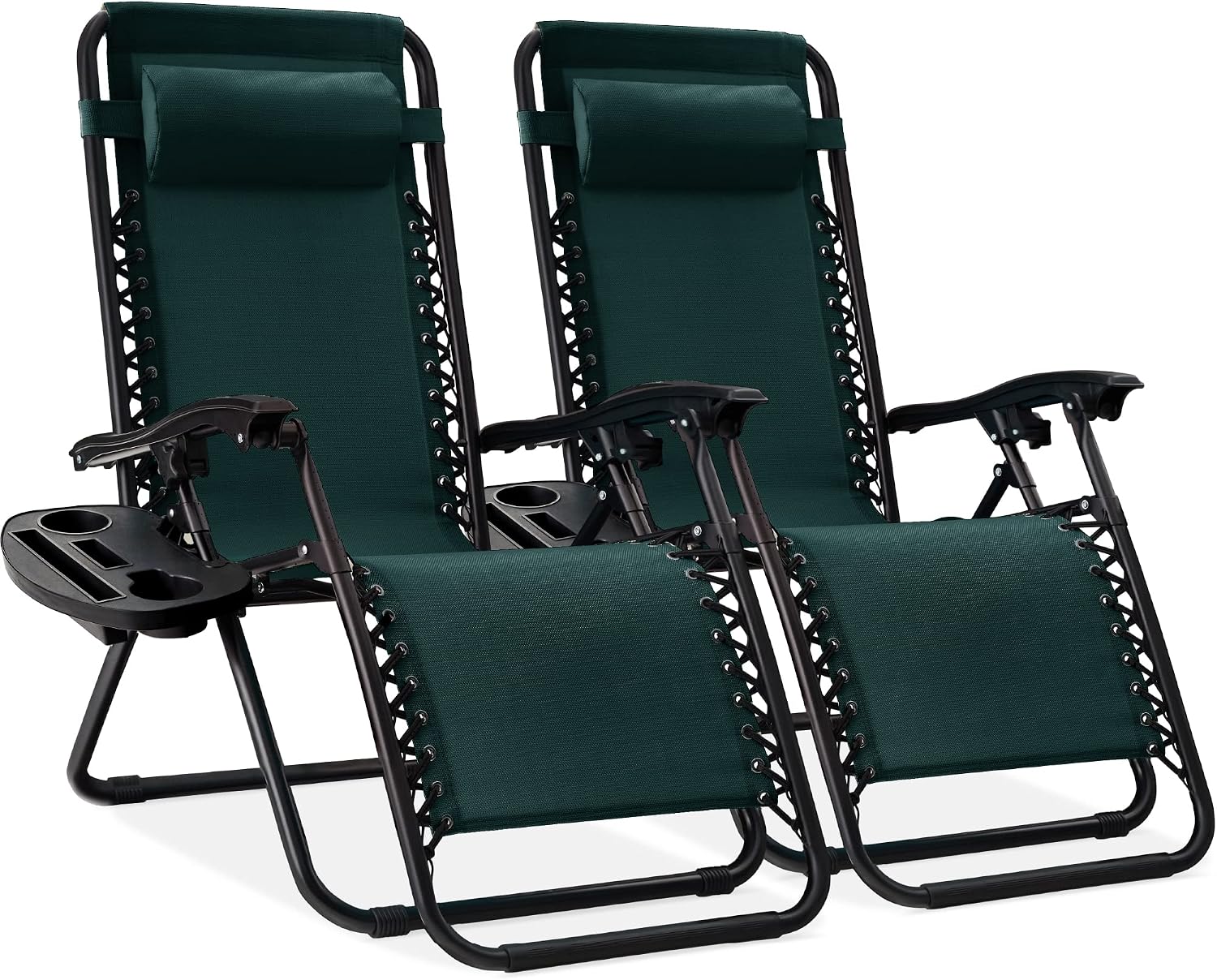 Best Choice Products Set of 2 Adjustable Steel Mesh Zero Gravity Lounge Chair Recliners w/Pillows and Cup Holder Trays – Forest Green