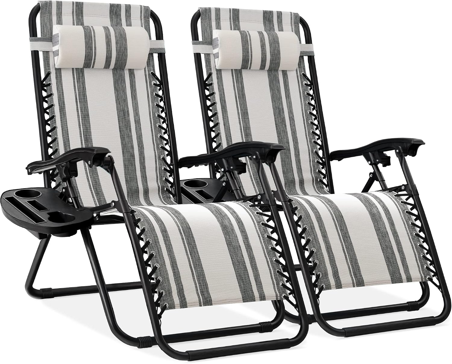 Best Choice Products Set of 2 Adjustable Steel Mesh Zero Gravity Lounge Chair Recliners w/Pillows and Cup Holder Trays – Gray Stripes