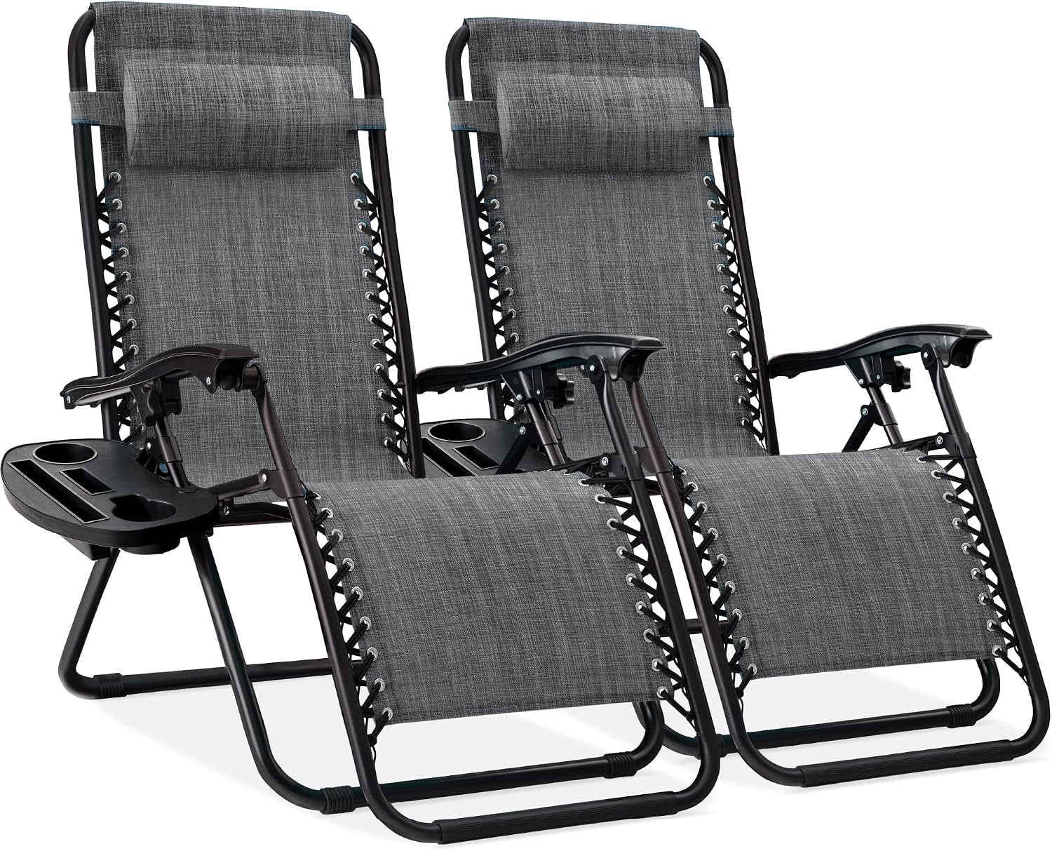 Best Choice Products Set of 2 Adjustable Steel Mesh Zero Gravity Lounge Chair Recliners w/Pillows and Cup Holder Trays – Gray