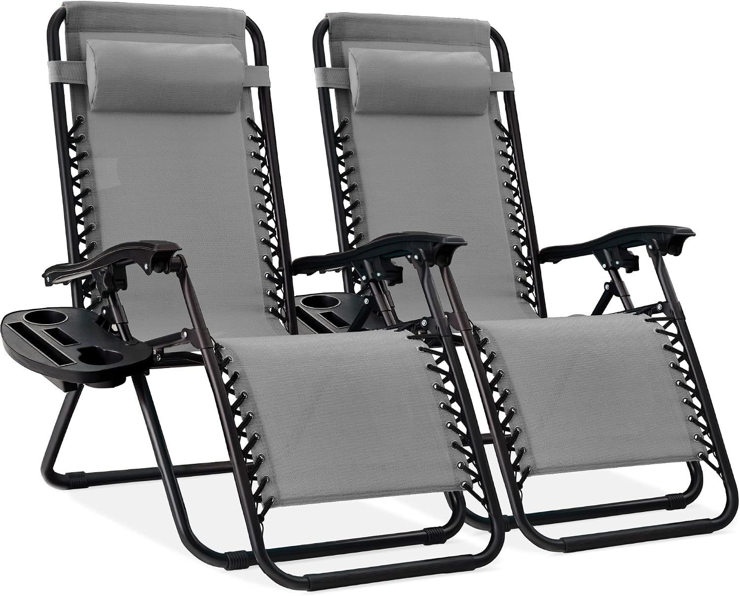 Best Choice Products Set of 2 Adjustable Steel Mesh Zero Gravity Lounge Chair Recliners w/Pillows and Cup Holder Trays – Ice Gray
