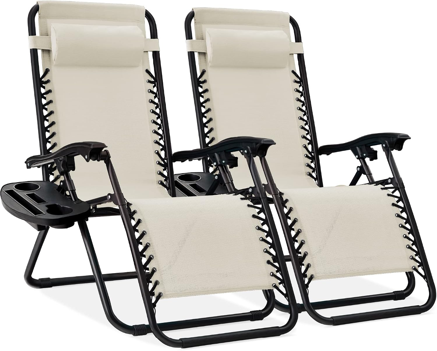 Best Choice Products Set of 2 Adjustable Steel Mesh Zero Gravity Lounge Chair Recliners w/Pillows and Cup Holder Trays – Ivory