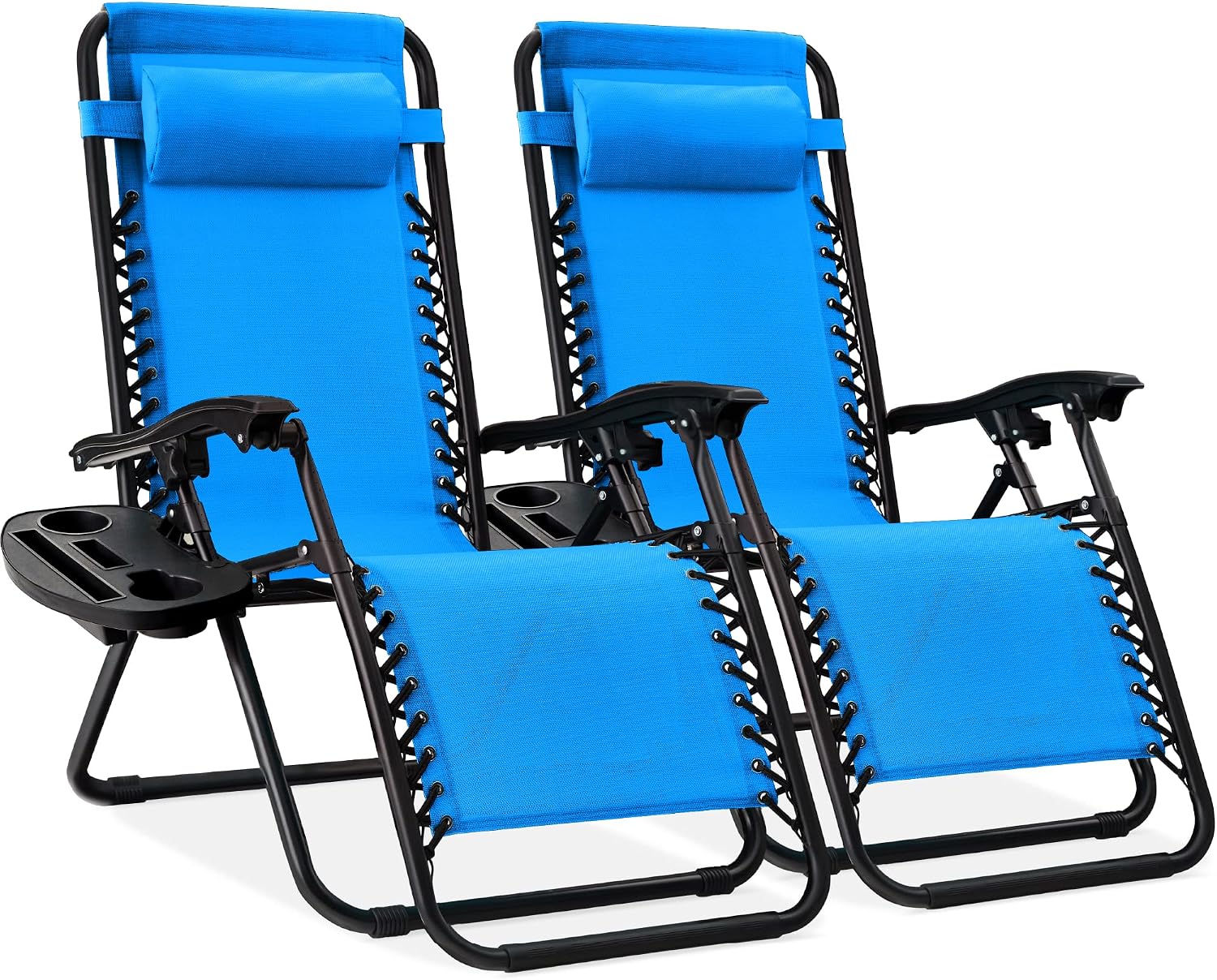 Best Choice Products Set of 2 Adjustable Steel Mesh Zero Gravity Lounge Chair Recliners w/Pillows and Cup Holder Trays – Light Blue