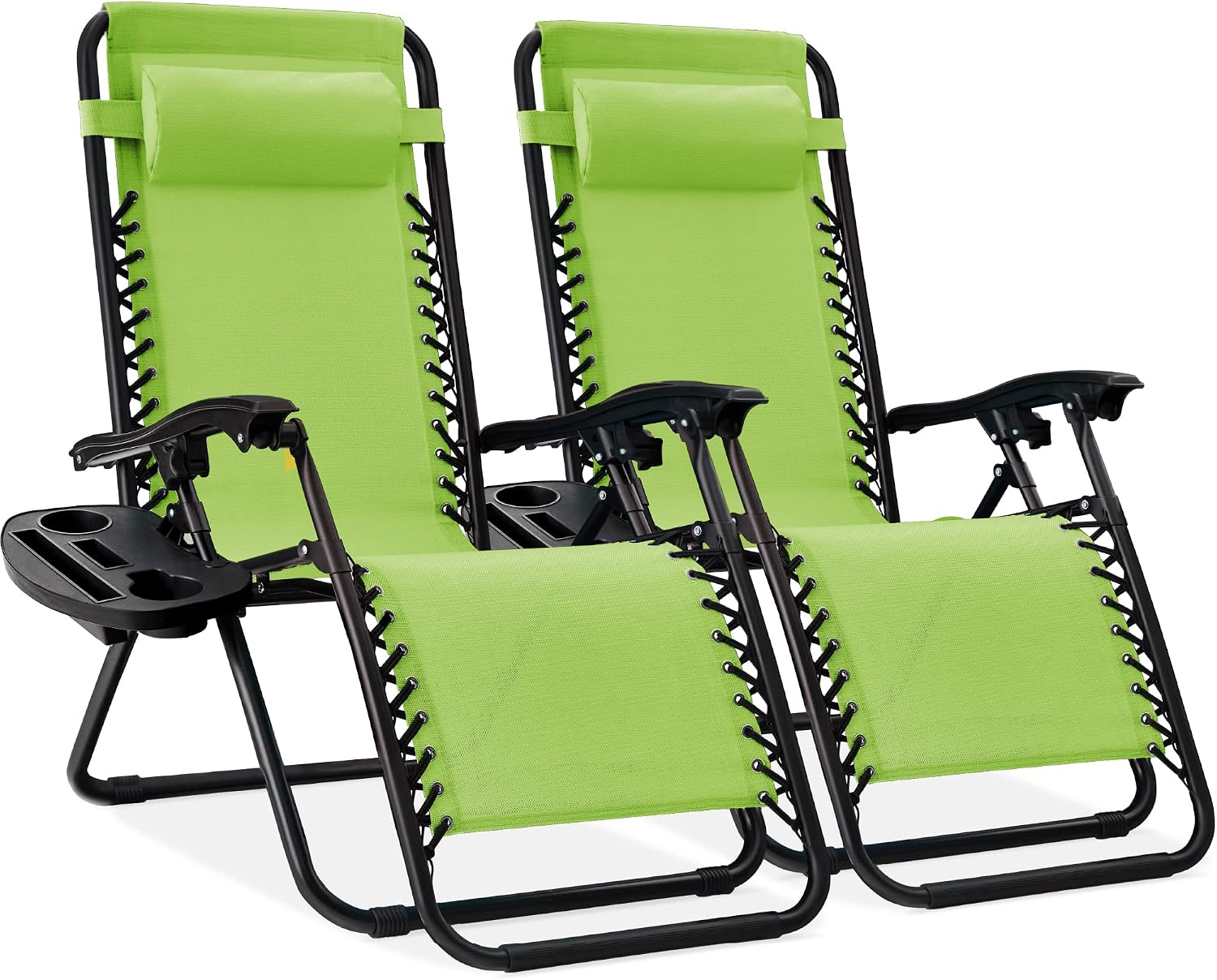 Best Choice Products Set of 2 Adjustable Steel Mesh Zero Gravity Lounge Chair Recliners w/Pillows and Cup Holder Trays – Lime Green