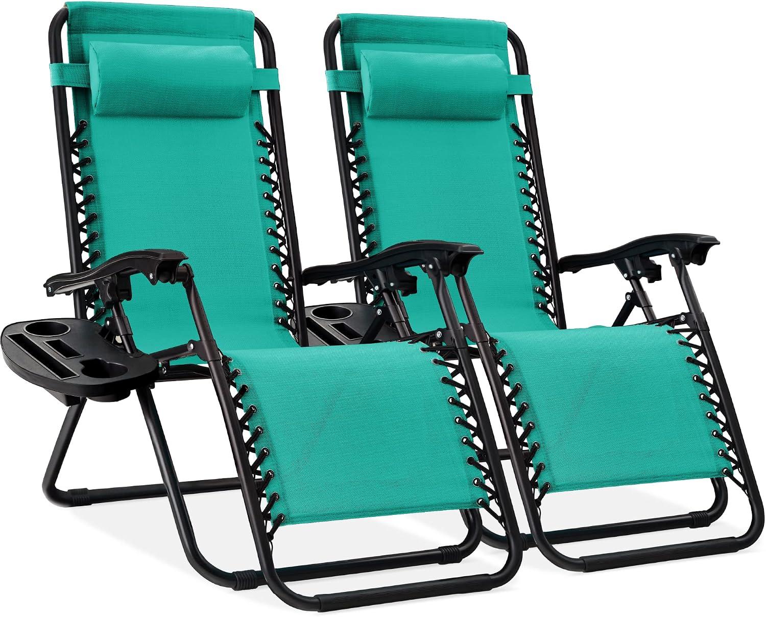 Best Choice Products Set of 2 Adjustable Steel Mesh Zero Gravity Lounge Chair Recliners w/Pillows and Cup Holder Trays – Mint
