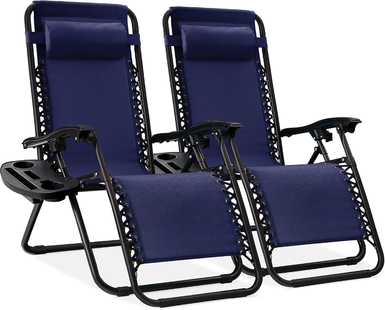 Best Choice Products Set of 2 Adjustable Steel Mesh Zero Gravity Lounge Chair Recliners w/Pillows and Cup Holder Trays – Navy Blue