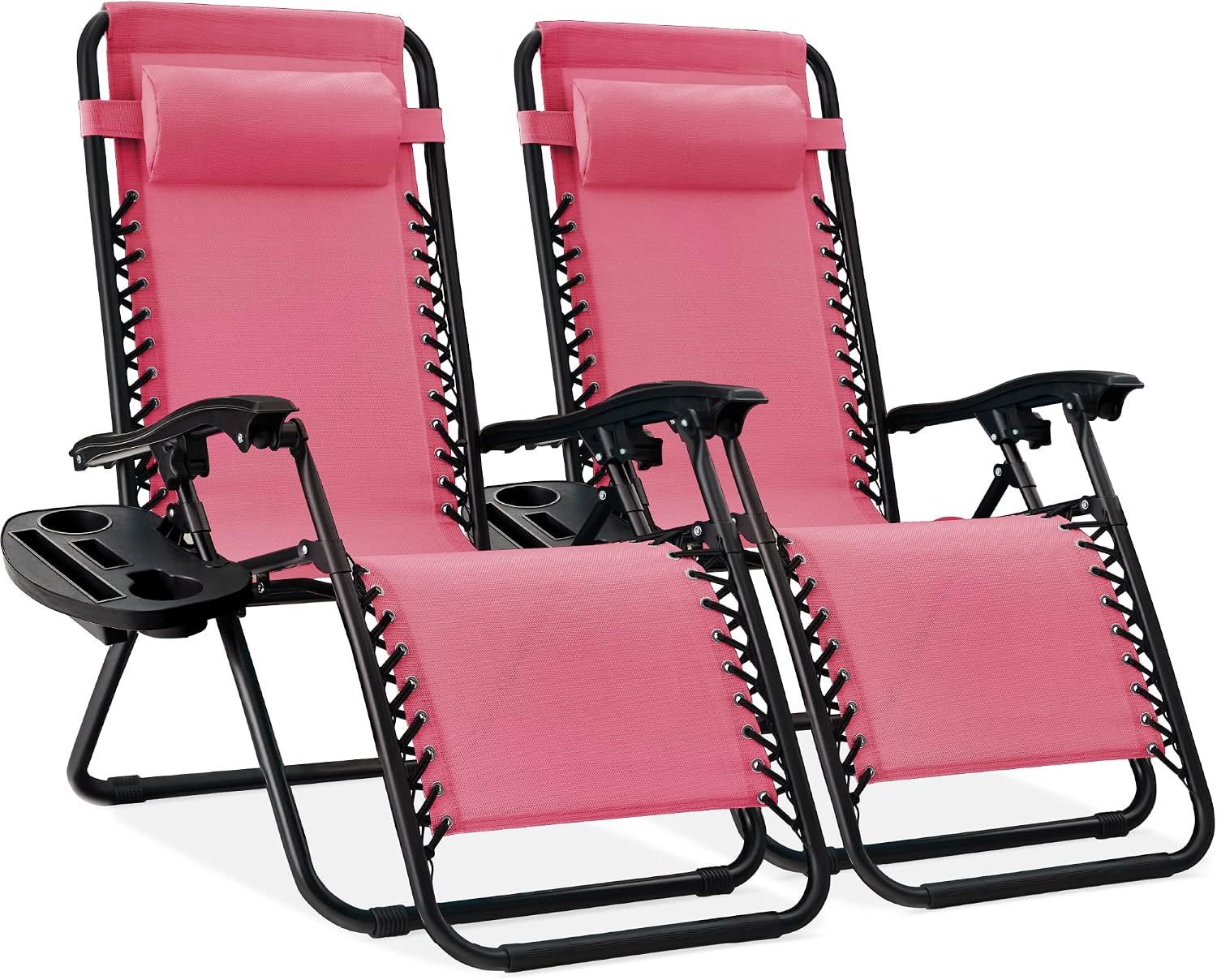 Best Choice Products Set of 2 Adjustable Steel Mesh Zero Gravity Lounge Chair Recliners w/Pillows and Cup Holder Trays – Pink