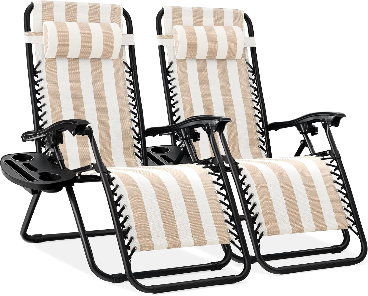 Best Choice Products Set of 2 Adjustable Steel Mesh Zero Gravity Lounge Chair Recliners w/Pillows and Cup Holder Trays – Tan Striped