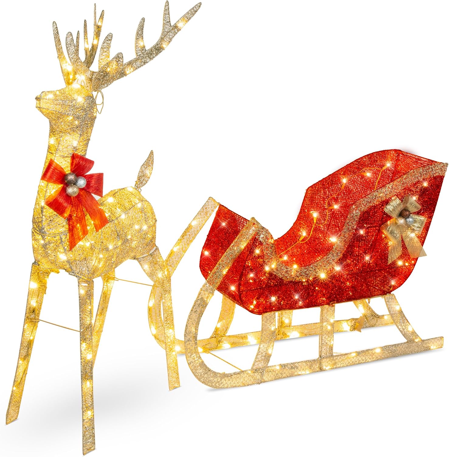 Best Choice Products XL Lighted Christmas 5ft Reindeer & Sleigh Holiday Outdoor Yard Decoration Set w/ 265 LED Lights, Stakes, Zip Ties – Gold