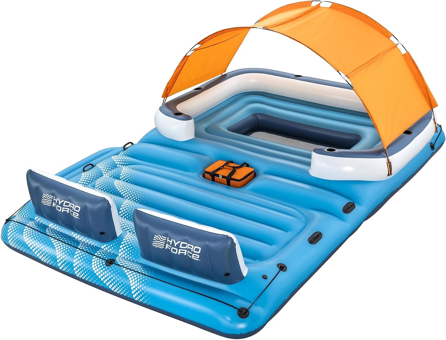Bestway CoolerZ Tropical Breeze 6 Person Inflatable Party Island Large Relaxing Water Float with Detachable Sunshade and Cooler Bag – Blue/Orange
