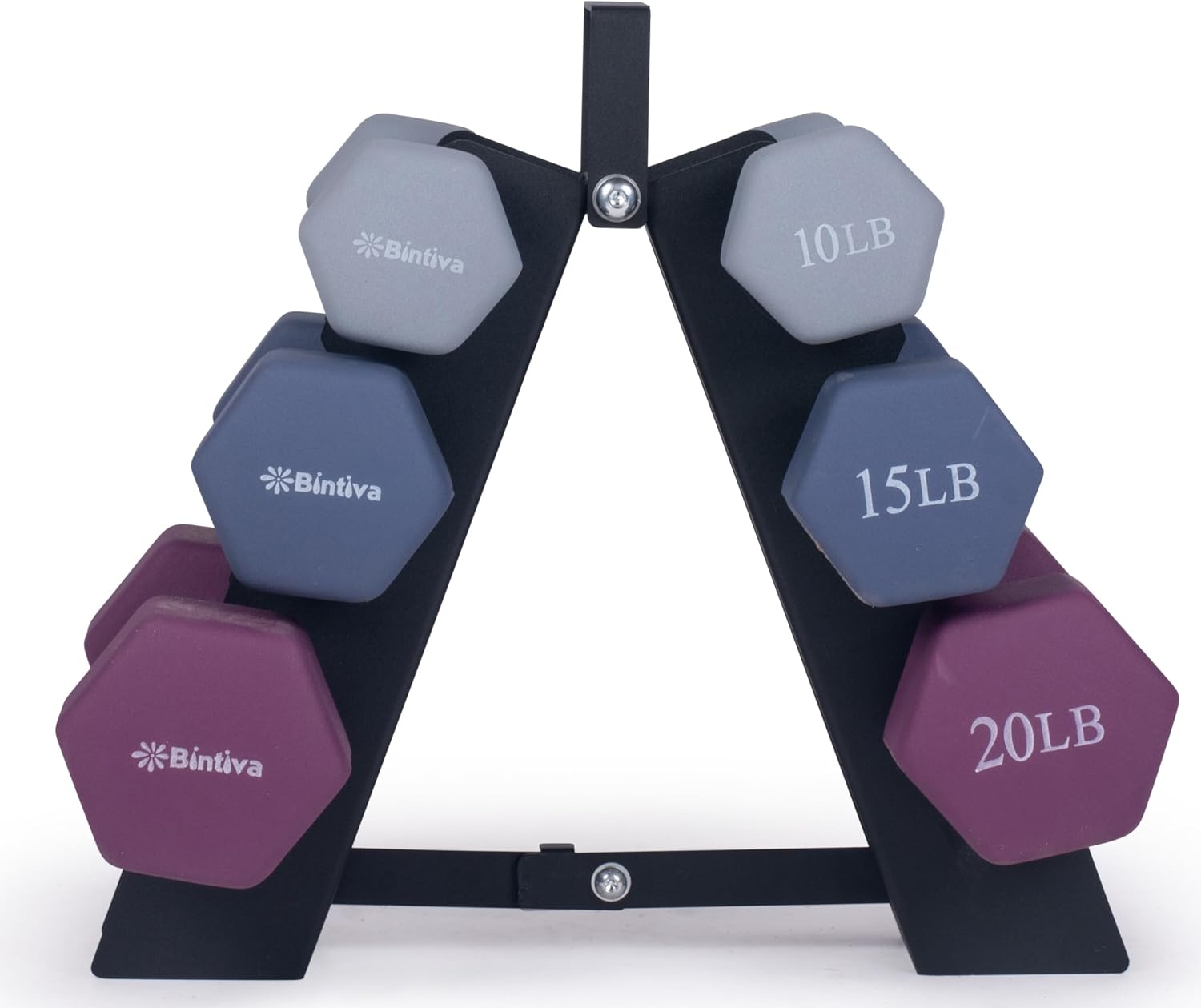 Bintiva Dumbbell Set with Rack – Neoprene Coated Weights (10, 15, 20 LB Pairs) with Stand – Strength Training Set for Home or Gym