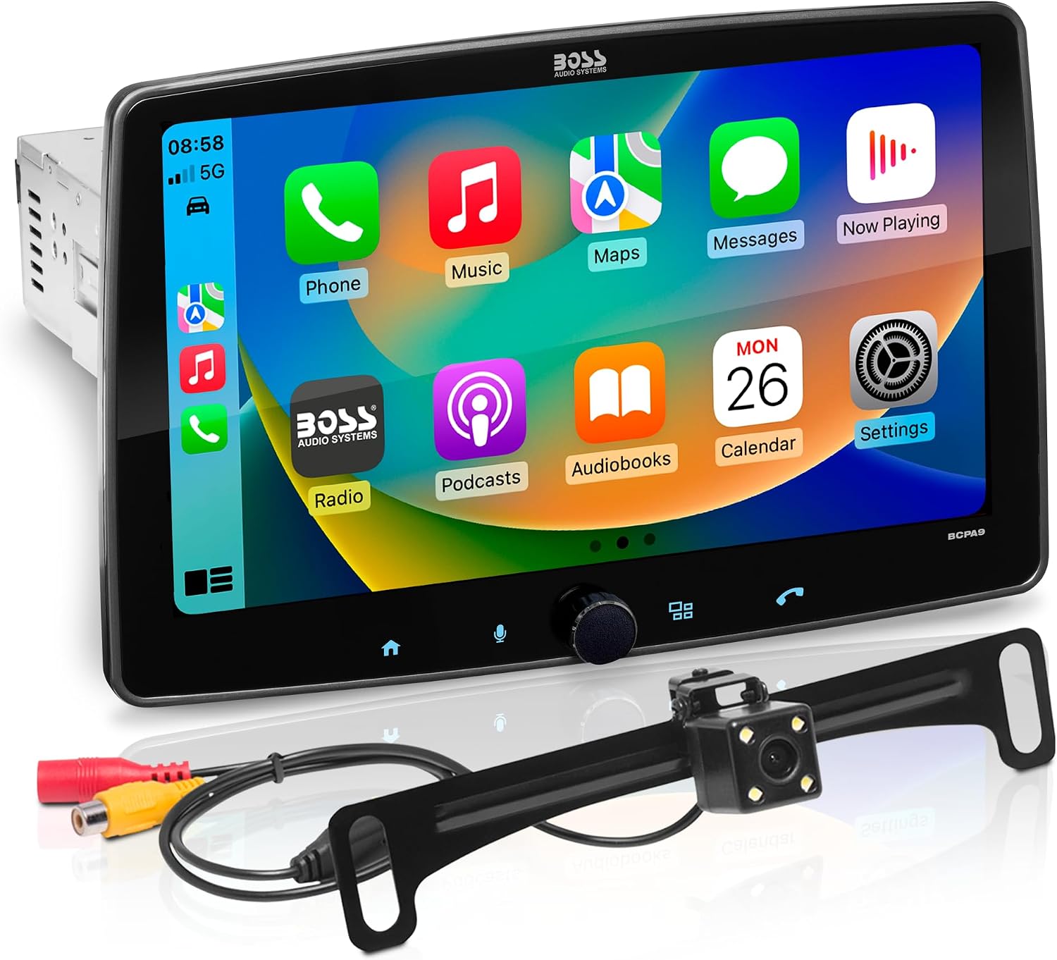 BOSS Audio Systems BCPA9RC 9″ Single DIN Car Stereo, Apple CarPlay Android Auto, Touchscreen, Bluetooth, AM/FM, Backup Camera, RGB Lights