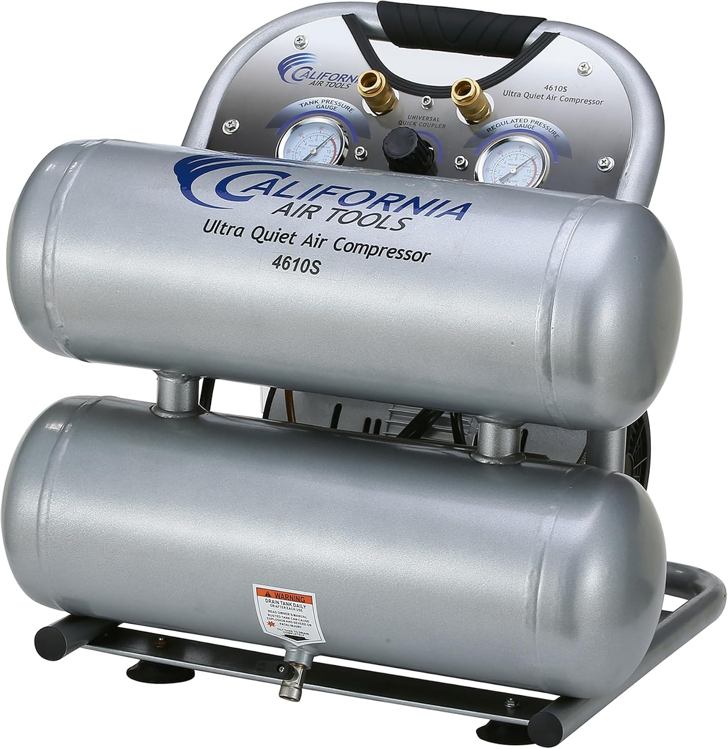 California Air Tools CAT-4610S Ultra Quiet & Oil-Free 1.0 hp 4.6 gallon Steel Twin Tank Electric Portable Air Compressor, Silver
