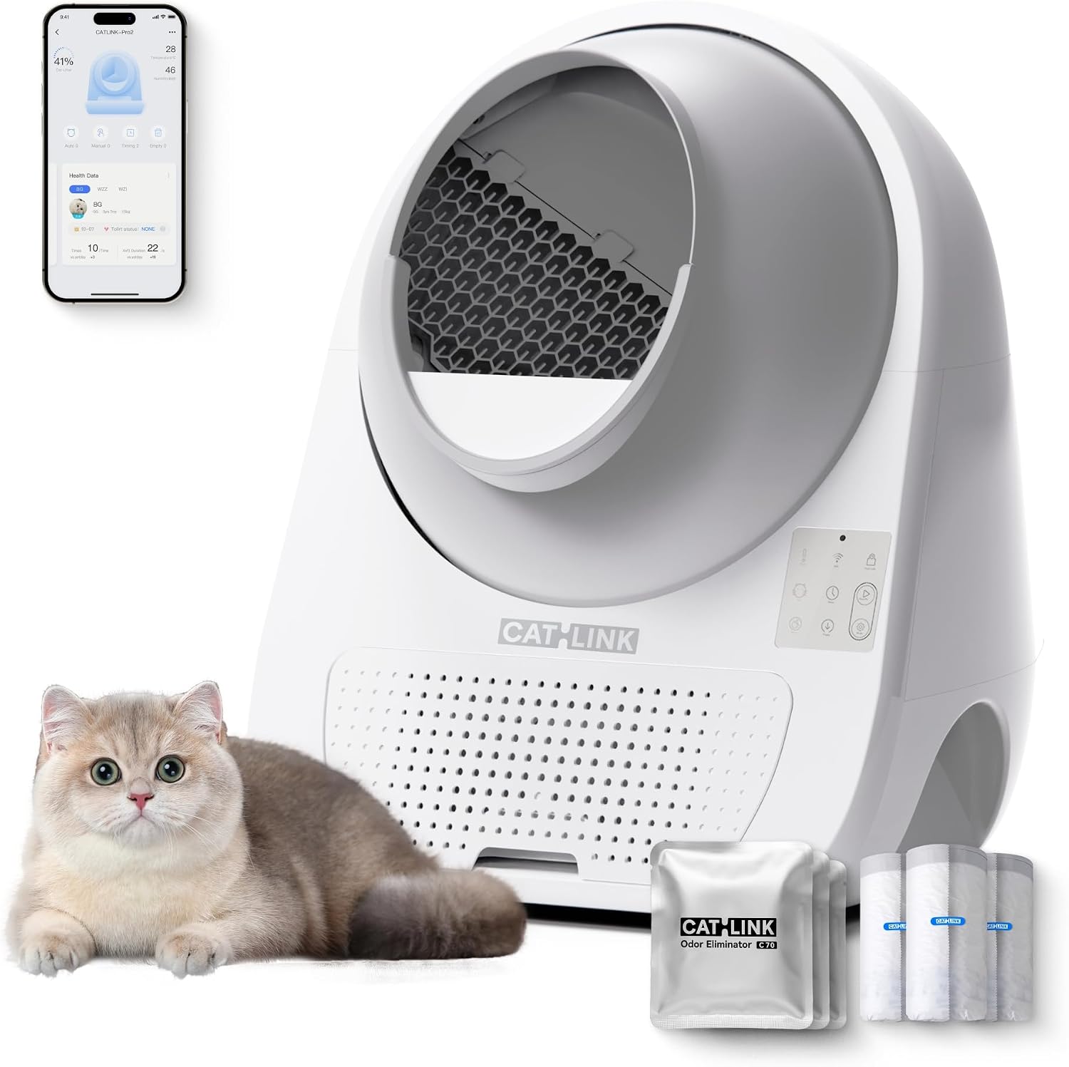 CATLINK Luxury Pro-X Automatic Self Cleaning Cat Litter Box – Health Monitoring, Triple Odor Control, Large Bin, APP, Includes C70*3 & 60 Liners