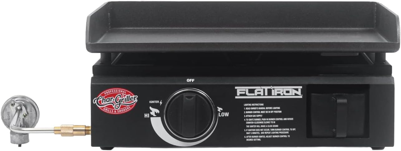 Char-Griller Flat Iron 1-Burner Portable Propane Gas Flat-Top Griddle with Steel Griddle Top, Includes Electronic Ignition, Black, E8217
