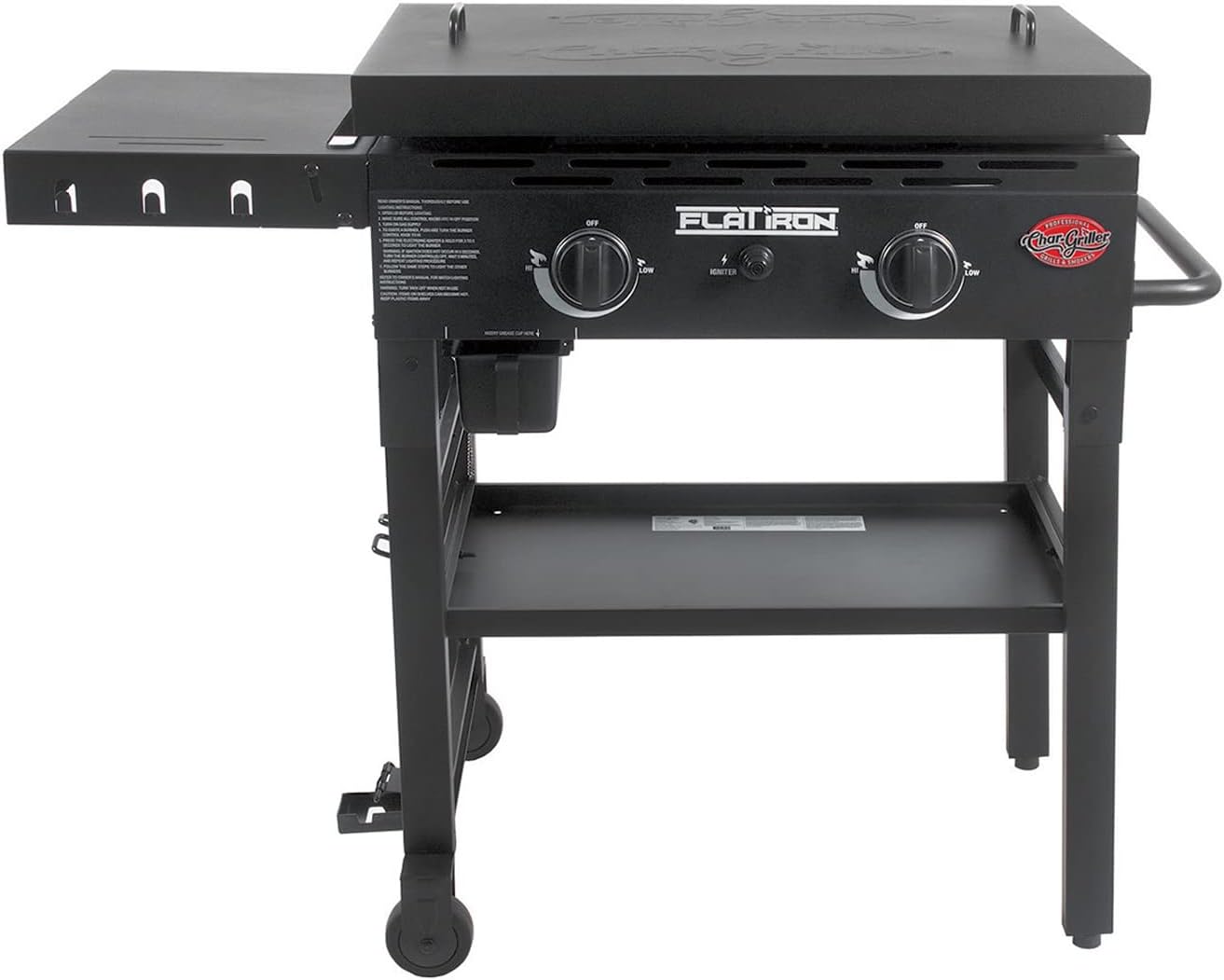 Char-Griller Flat Iron 2-Burner Propane Gas Flat-Top Griddle with Steel Griddle Top, Wind Guards and Removable Lid, Black, 8128