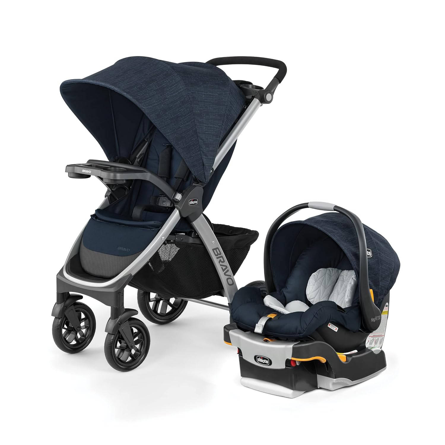 Chicco Bravo 3-in-1 Trio Travel System, Bravo Quick-Fold Stroller w KeyFit 30 Infant Car Seat and Base, Car Seat and Stroller Combo | Brooklyn/Navy