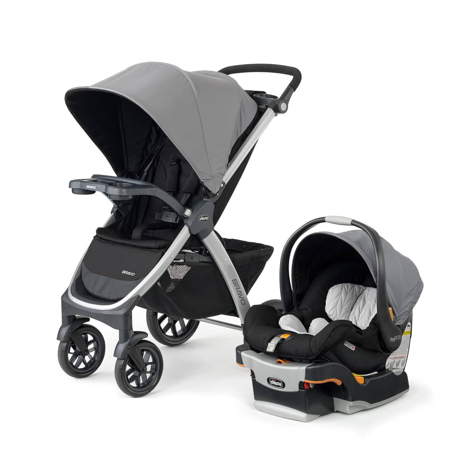Chicco Bravo 3-in-1 Trio Travel System, Bravo Quick-Fold Stroller w KeyFit 30 Infant Car Seat and Base, Car Seat and Stroller Combo | Camden/Black