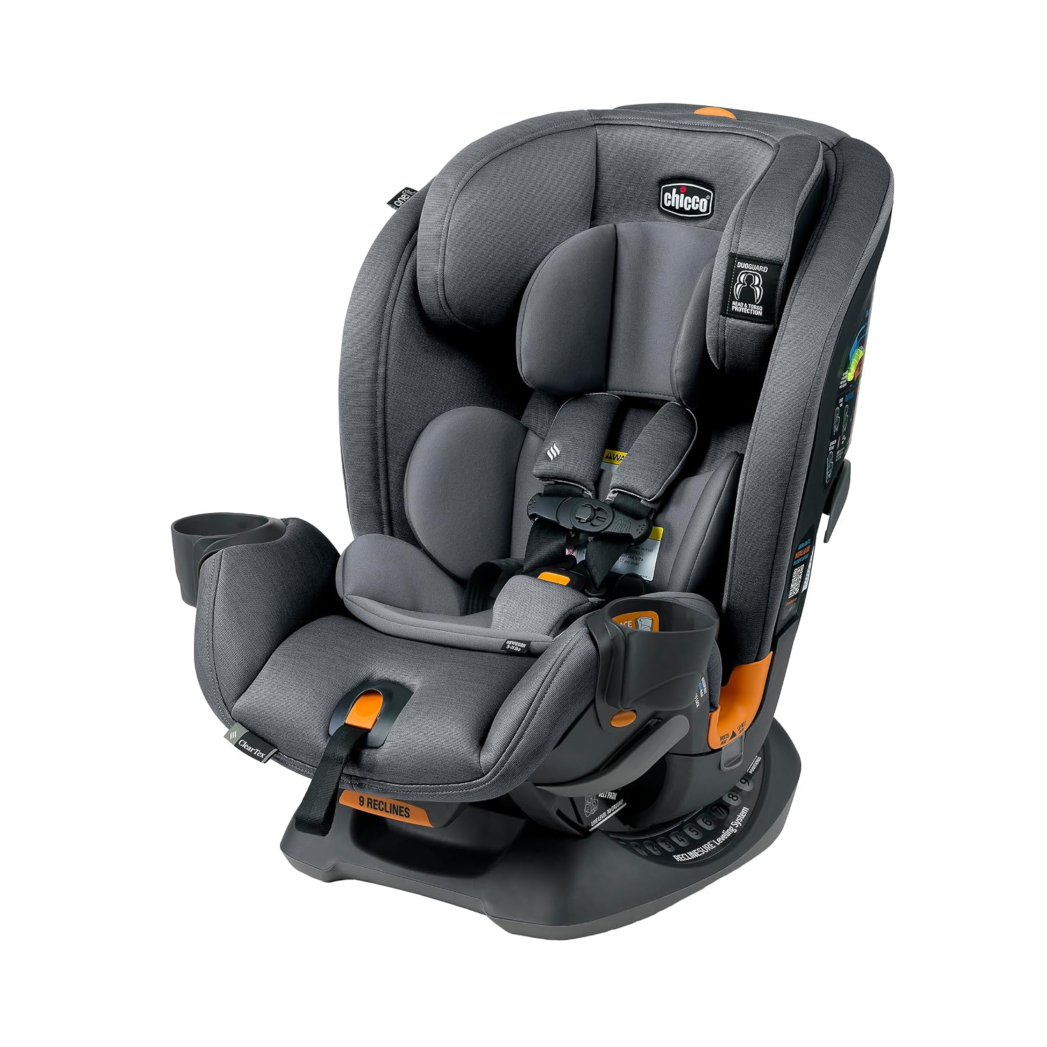 Chicco OneFit ClearTex All-in-One Car Seat – Slim Convertible Design, Rear-Facing, Forward-Facing & Booster 5-100 lbs, Slate