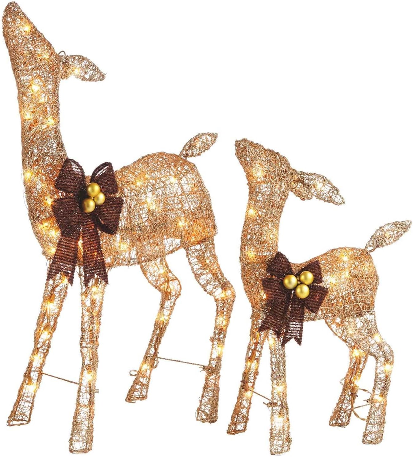 Christmas Deer 2.8 Ft Pre-Lit LED Outdoor Yard Decor, Metal Decoration with Bright Warm White Lights, Gold with Red Bows – Doe & Fawn