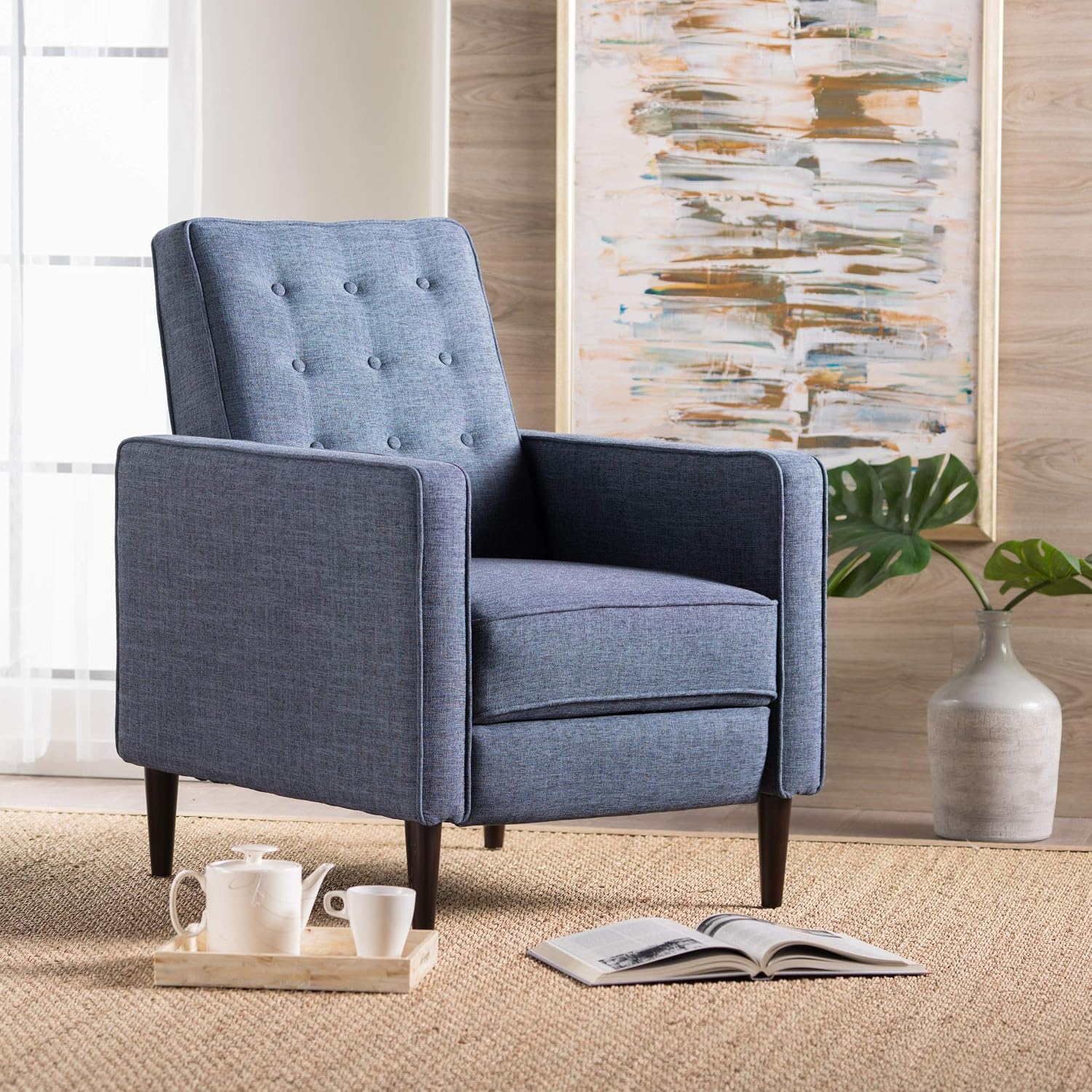 Christopher Knight Home Mervynn Mid-Century Modern Button Tufted Fabric Recliner, Dark blue