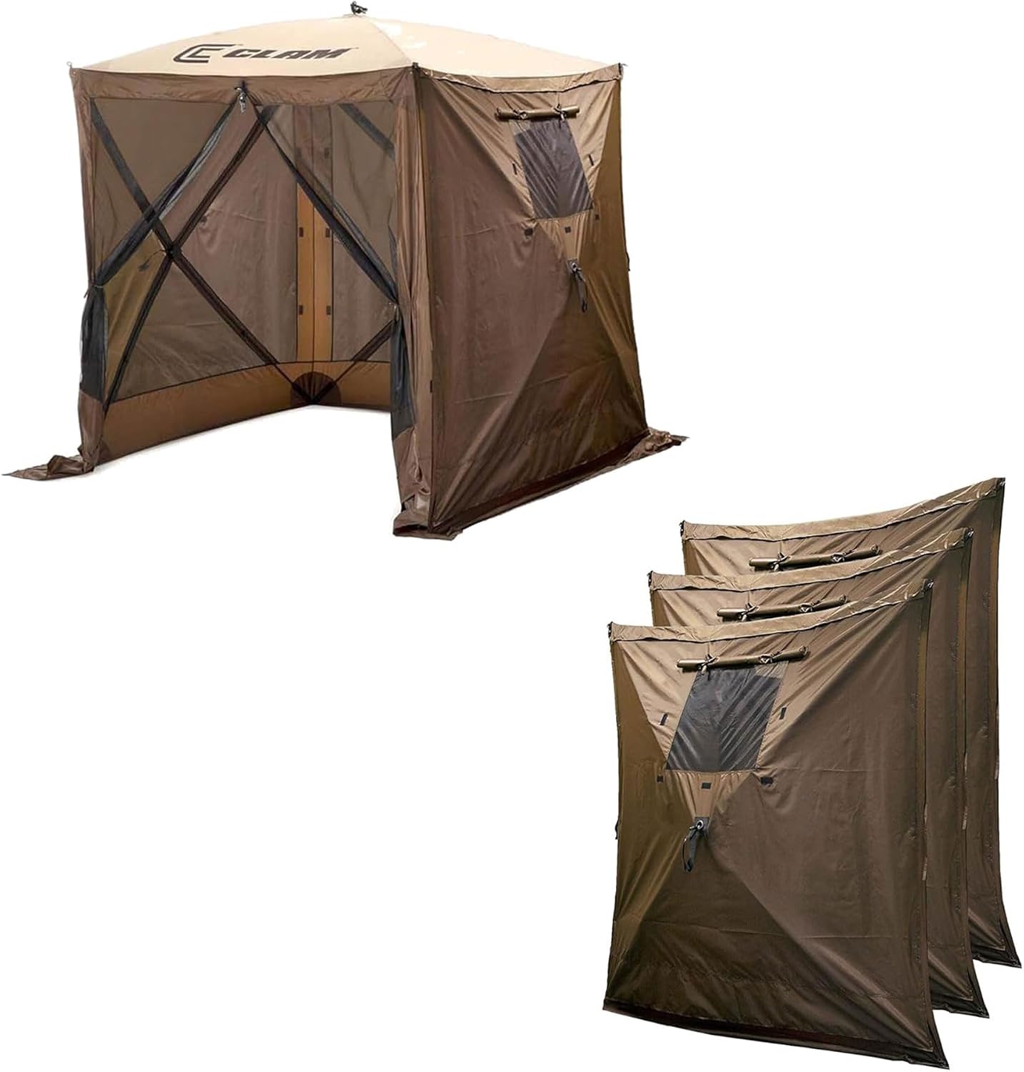 CLAM Pop Up Screen Tent & Shelter, Outdoor Camping Gazebo w 6 Wind Panels, 11.5′, Brown