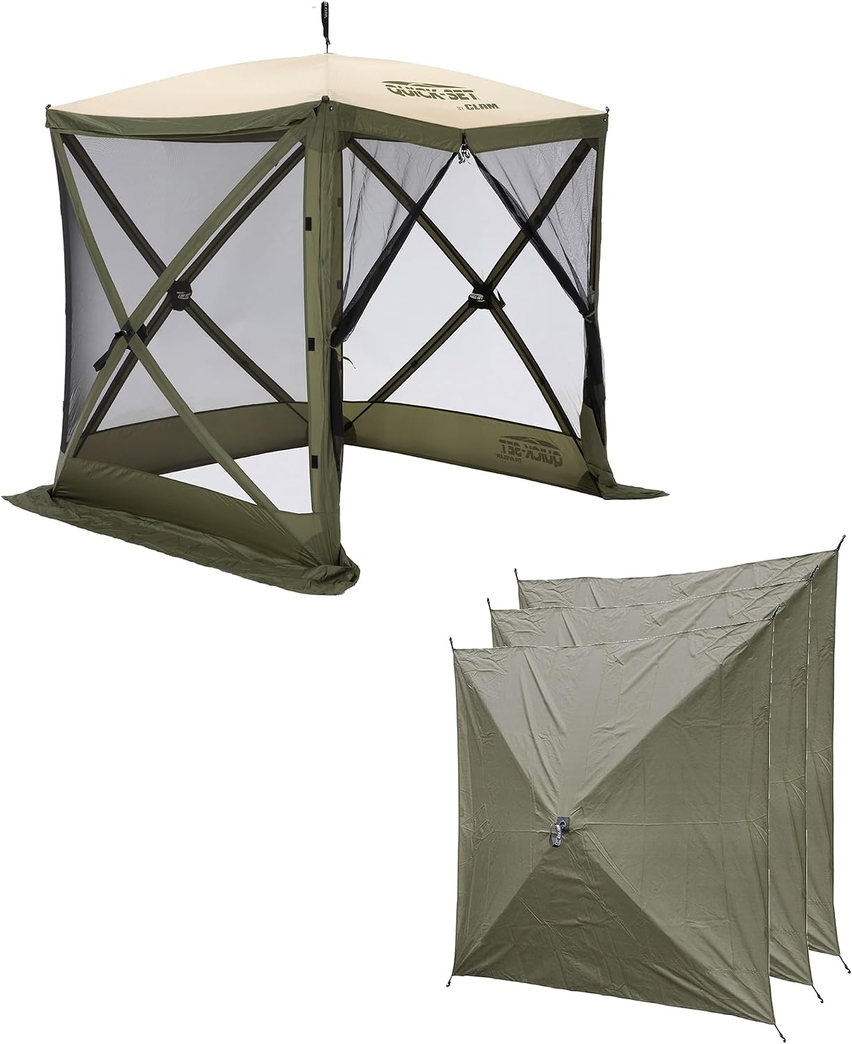 CLAM Quick Set Traveler 6×6 Ft Portable Outdoor 4 Sided Canopy Shelter, Green/Tan + Clam Quick Set Screen Hub Tent, Accessory Only, Green (3 Pack)