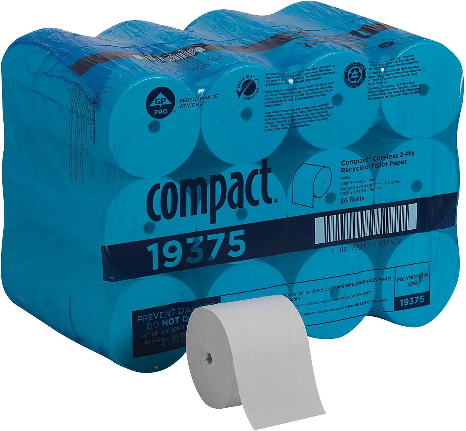 Compact Coreless 2-Ply Recycled Toilet Paper by GP PRO (Georgia-Pacific), 19375, 1,000 Sheets Per Roll, 36 Rolls Per Case