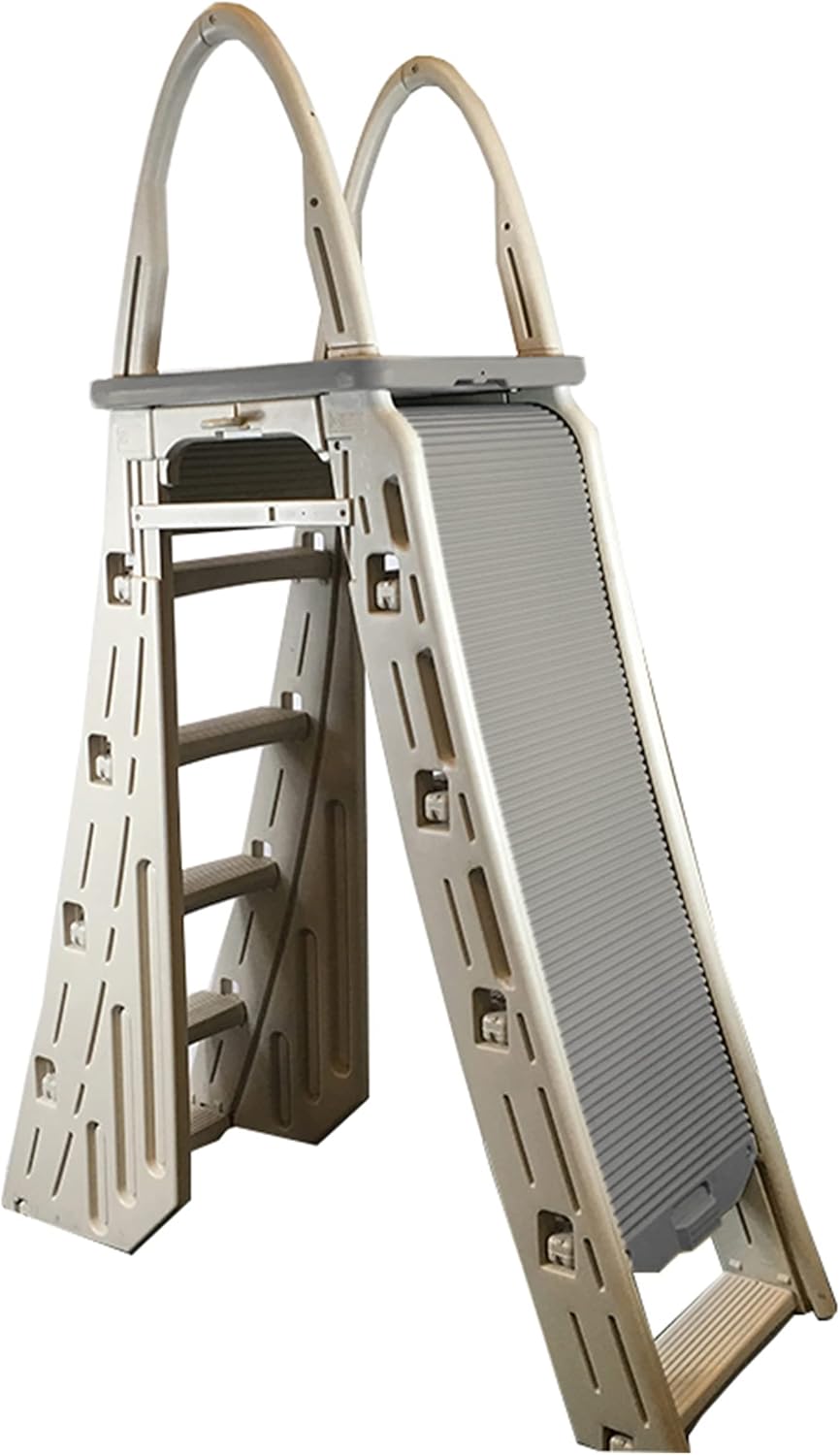 Confer Plastics 7200 Roll Guard A-Frame Ladder – Adjustable 48″-56″ Safety Pool Ladder with Step Barrier, Gray