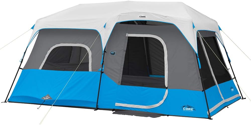 CORE Instant Cabin Tents with LED Lights, 9 Person Family Multi Room Lighted Pop Up Tents for Camping, Included Storage Pockets for Camping Accessories