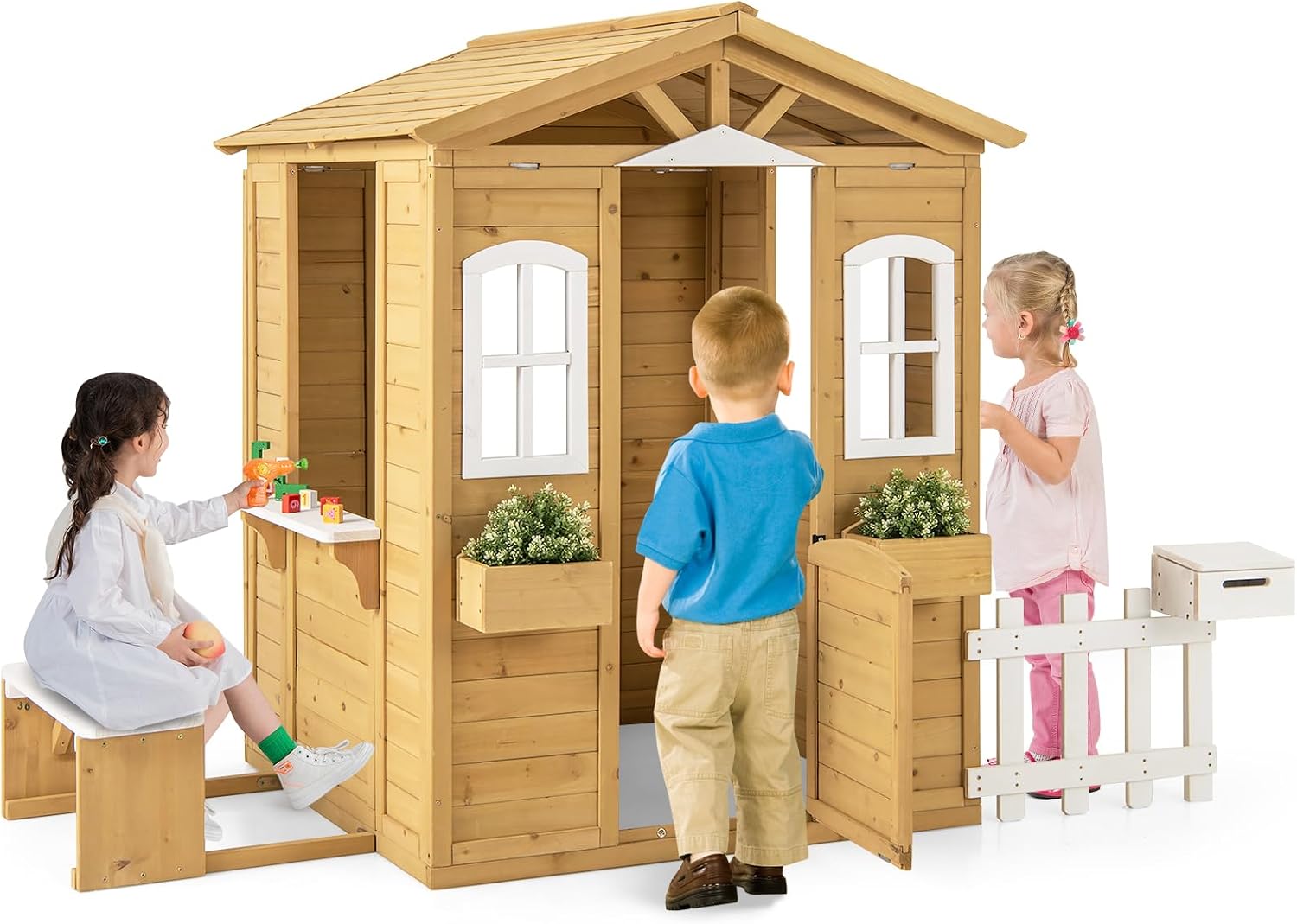 Costzon Outdoor Playhouse, Fir Wood Patio Pretend Play Center w/Bench, Mailbox, Fence, Serving Stations, Flowerpot Holders, Windows & Door, Children Play House for 2+ Years Old Kids