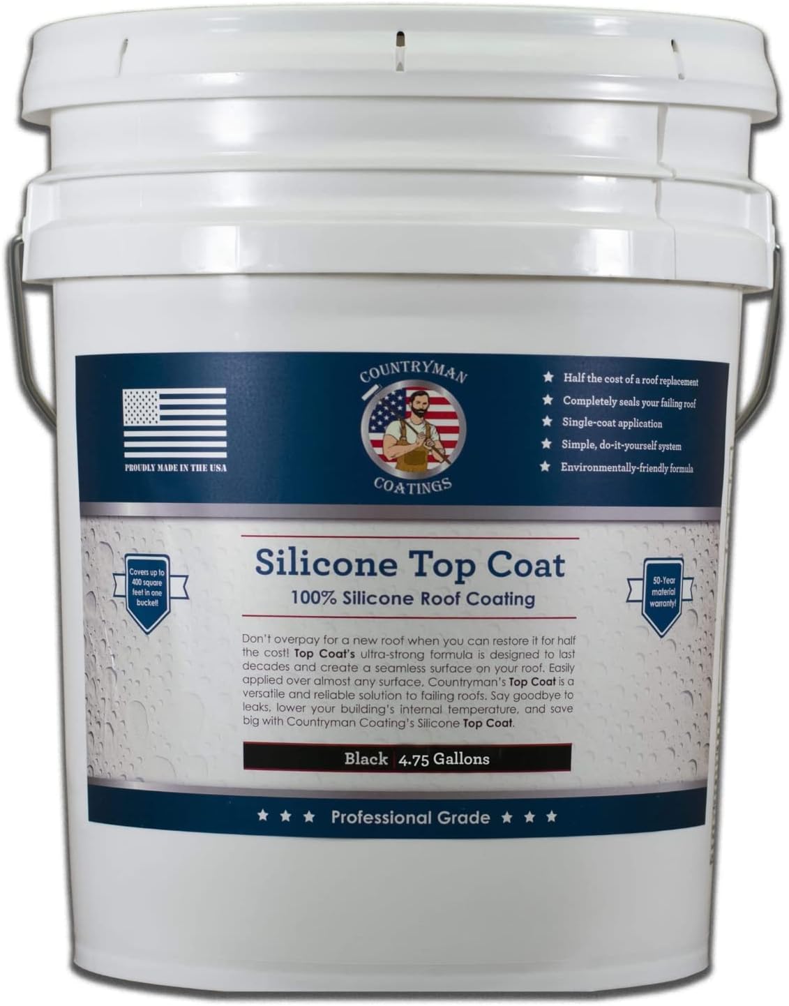 Countryman Coatings 100% Silicone Roof Coating – Restore Your Roof in a Day – Seal Leaks, Cracks, Seams, Penetrations – Adheres to All Surfaces (4.75 Gallon, Black)