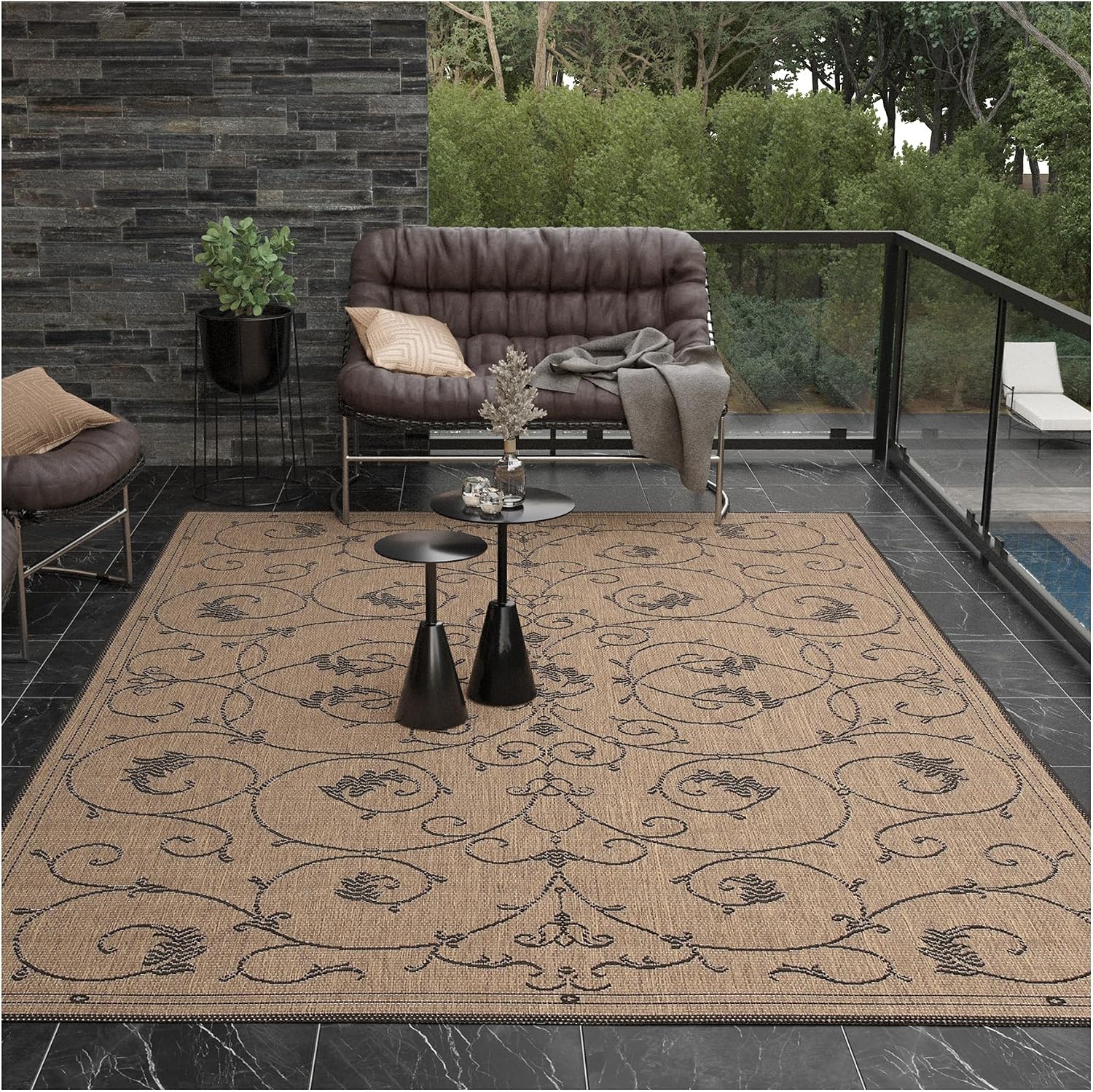 Couristan Recife Veranda Outdoor Rug – 8’6″x13′ Brown/Black Floral Low Pile Area Carpet for Patio, Living Room, Kitchen, Indoor Decor