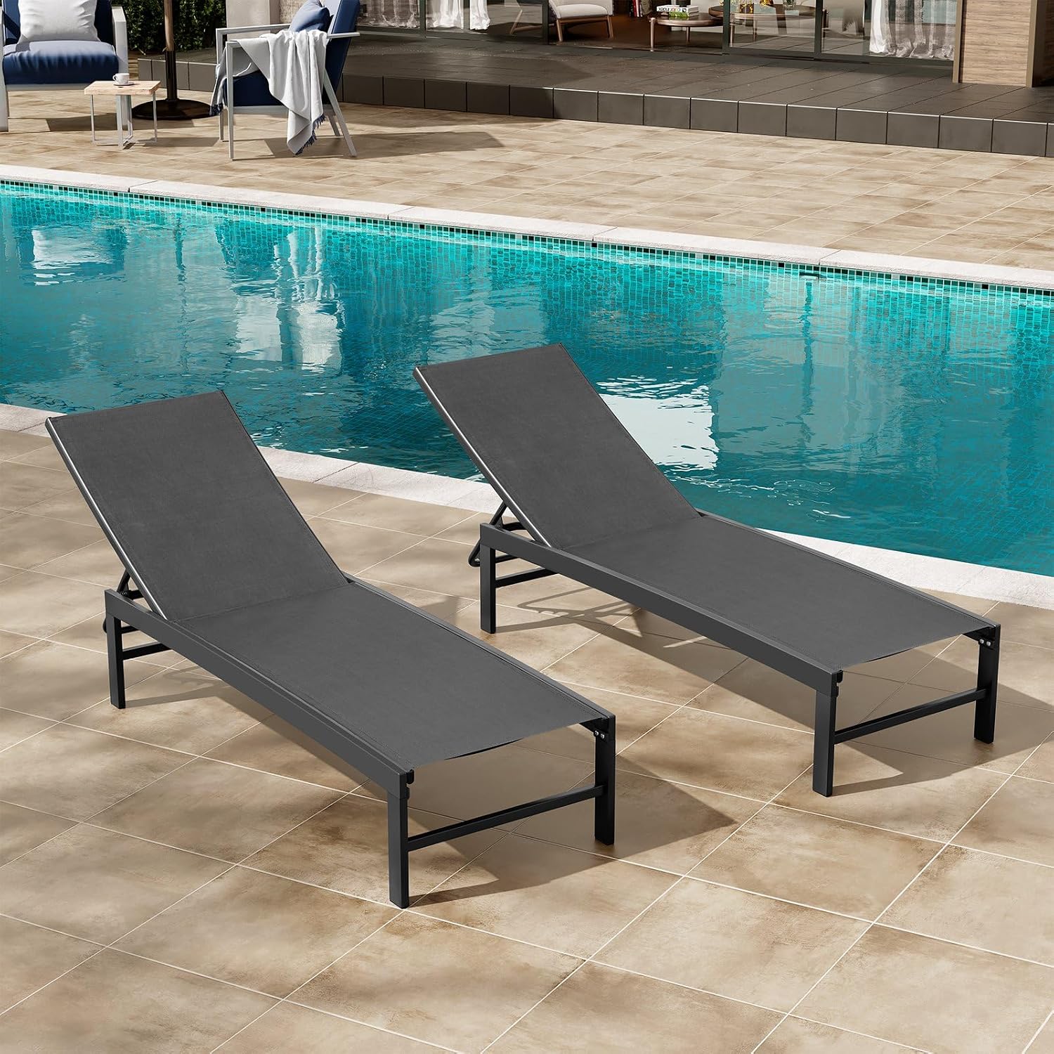 Crestlive Products Lounge Chair Outdoor Set of 2, Aluminum Pool Chaise Lounge Chairs, Adjustable Five-Position Tanning Recliner, All Weather for Patio, Beach, Yard, Pool (Black)