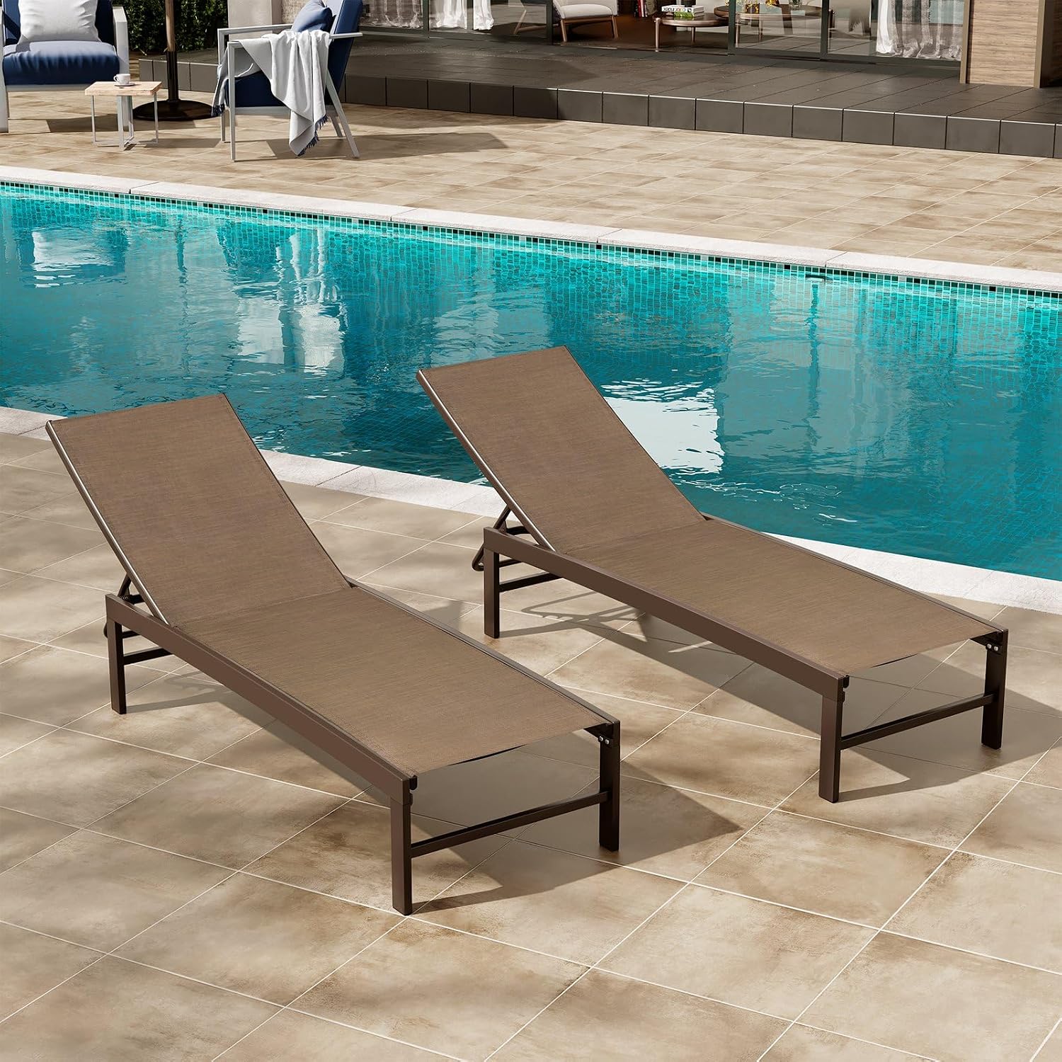 Crestlive Products Lounge Chair Outdoor Set of 2, Aluminum Pool Chaise Lounge Chairs, Adjustable Five-Position Tanning Recliner, All Weather for Patio, Beach, Yard, Pool (Brown)