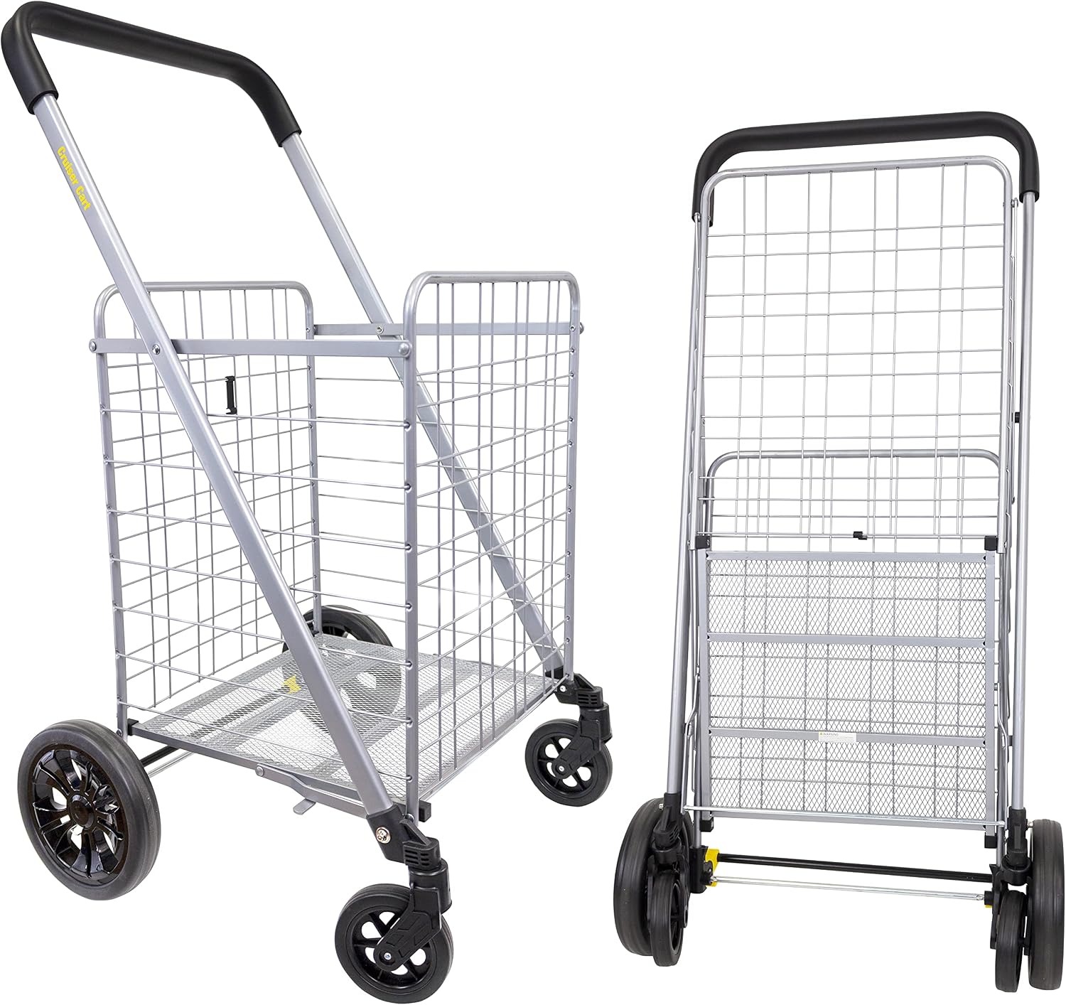 dbest products Cruiser Cart Deluxe 2 Shopping Grocery Rolling Folding Laundry Basket, Silver