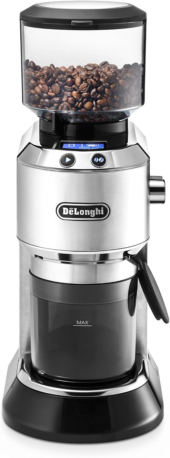 De’Longhi Dedica Conical Burr Grinder with Portafilter Attachment, 6.9 x 11.2 x 18.1 inches, Silver