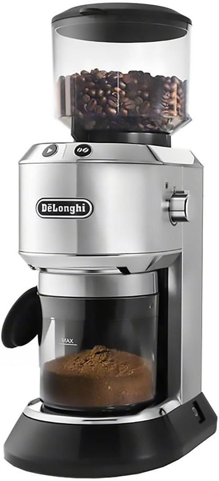 De’Longhi Dedica Conical Burr Grinder with Portafilter Attachment, 6.9 x 11.2 x 18.1 inches, Silver