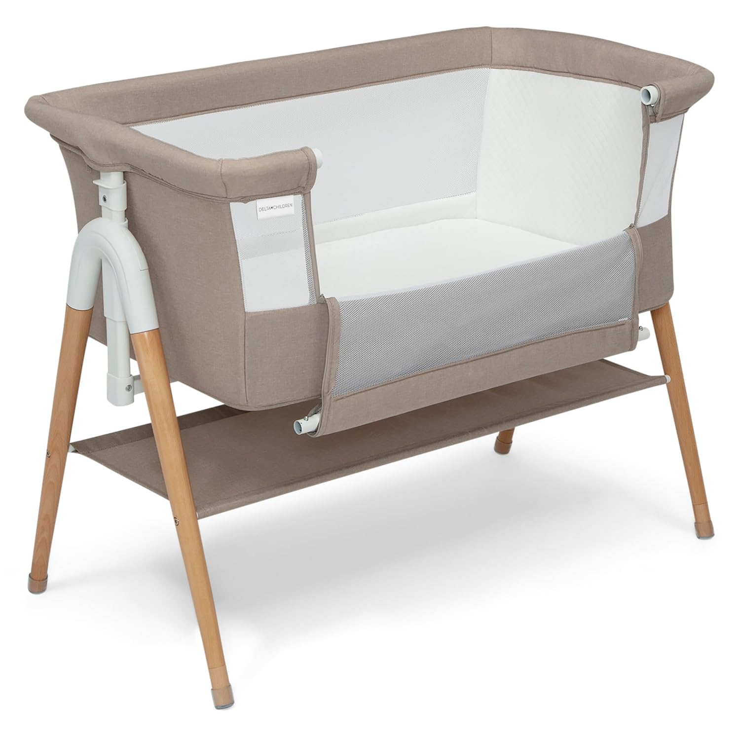 Delta Children Bondi Adjustable Height Bedside Beechwood Bassinet with PureAir Mesh Sheet and FSC-Certified Wood, Tan