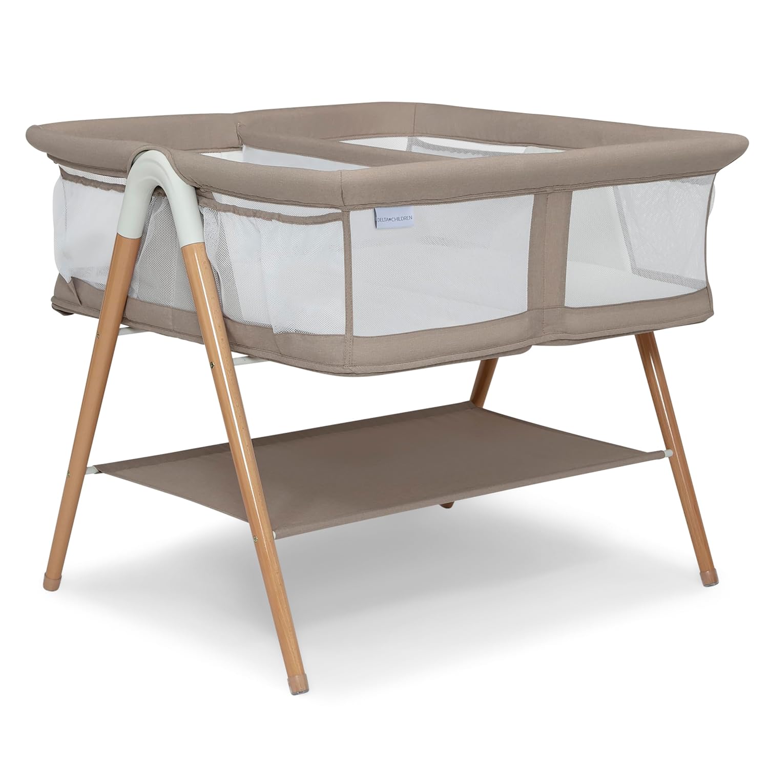 Delta Children Bondi Beechwood Twin Bassinet with PureAir Breathable Mesh Sheet and FSC-Certified Wood, Tan