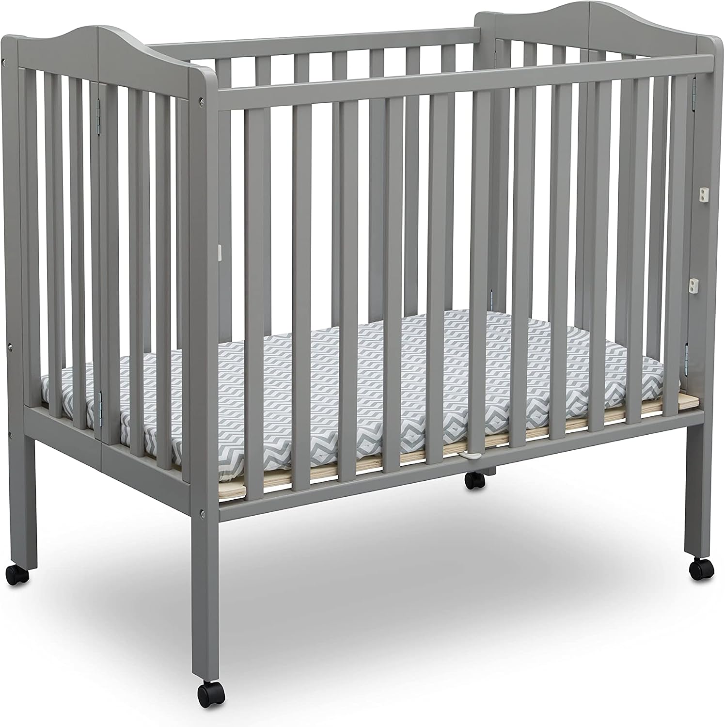Delta Children Folding Portable Mini Baby Crib with 1.5-inch Mattress – Greenguard Gold Certified, Grey