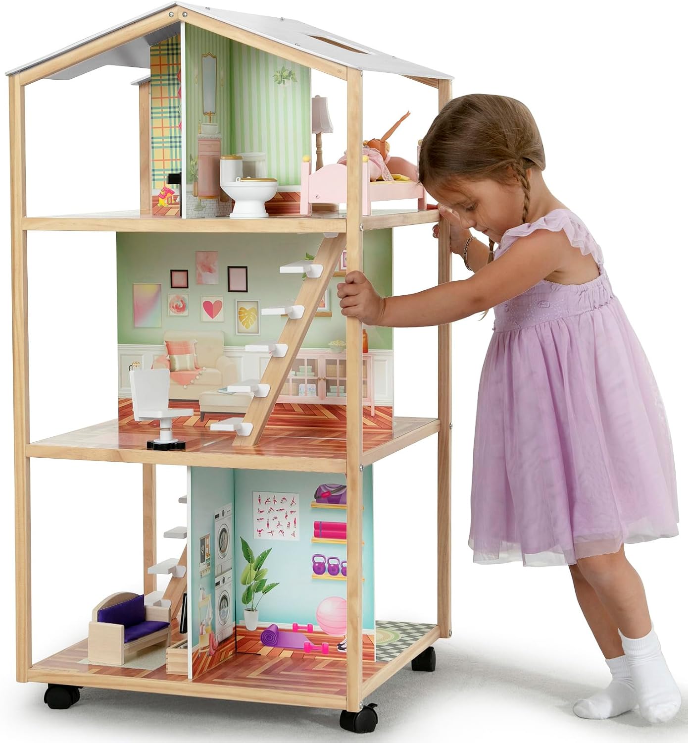 Delta Children Moveable Mansion Dollhouse – 360-Degree Play Dollhouse with Wheeled Base – Includes 16 Accessories – Fits 12-inch Dolls