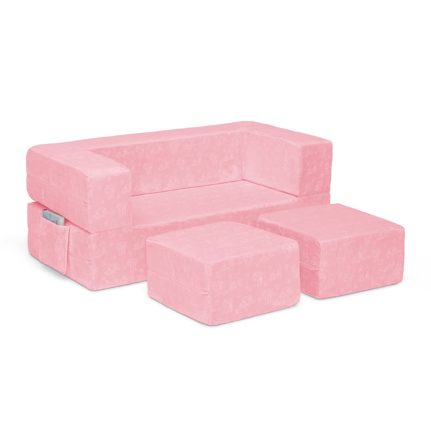 Delta Children Serta Perfect Sleeper Convertible Sofa & Play Set for Kids and Toddlers, Modular Foam Couch and Flip Out Lounger with 2 Ottomans, Pink