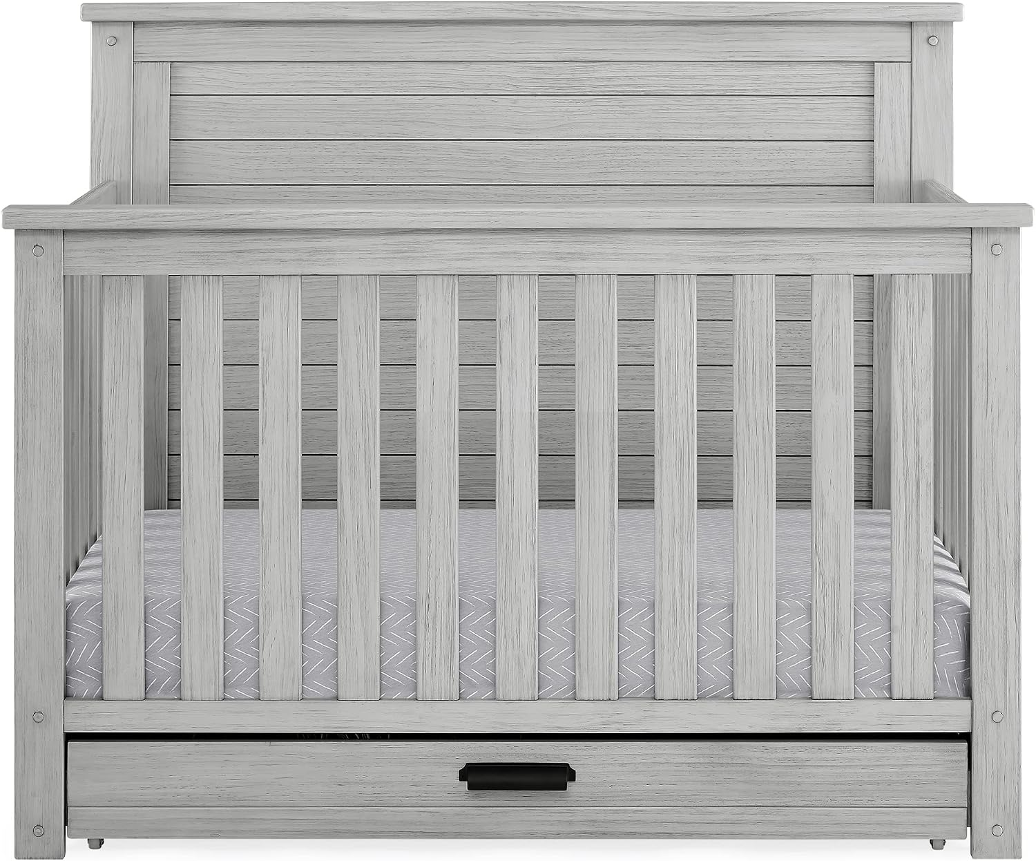 Delta Children Simmons Kids Caden 6-in-1 Convertible Crib with Trundle Drawer, Greenguard Gold Certified, Rustic Mist