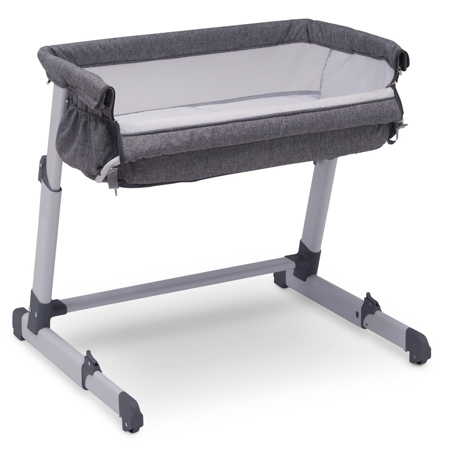 Delta Children Simmons Kids Dream Bedside Bassinet with Zip-Down Side Wall – Lightweight Portable Crib, Grey