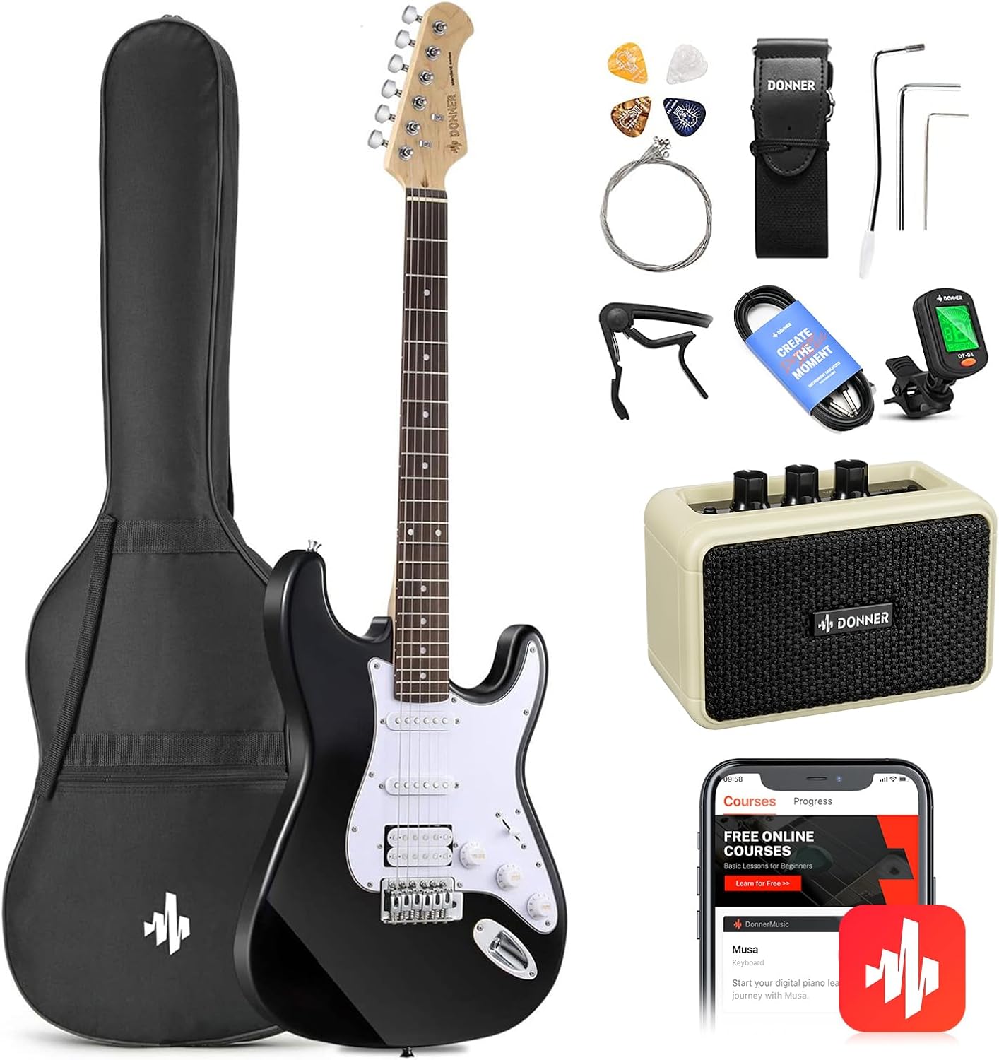 Donner 39-Inch Electric Guitar Starter Kit with Solid Body, HSS Pickup, Accessories, Amplifier, Lessons, and Digital Tuner – Black