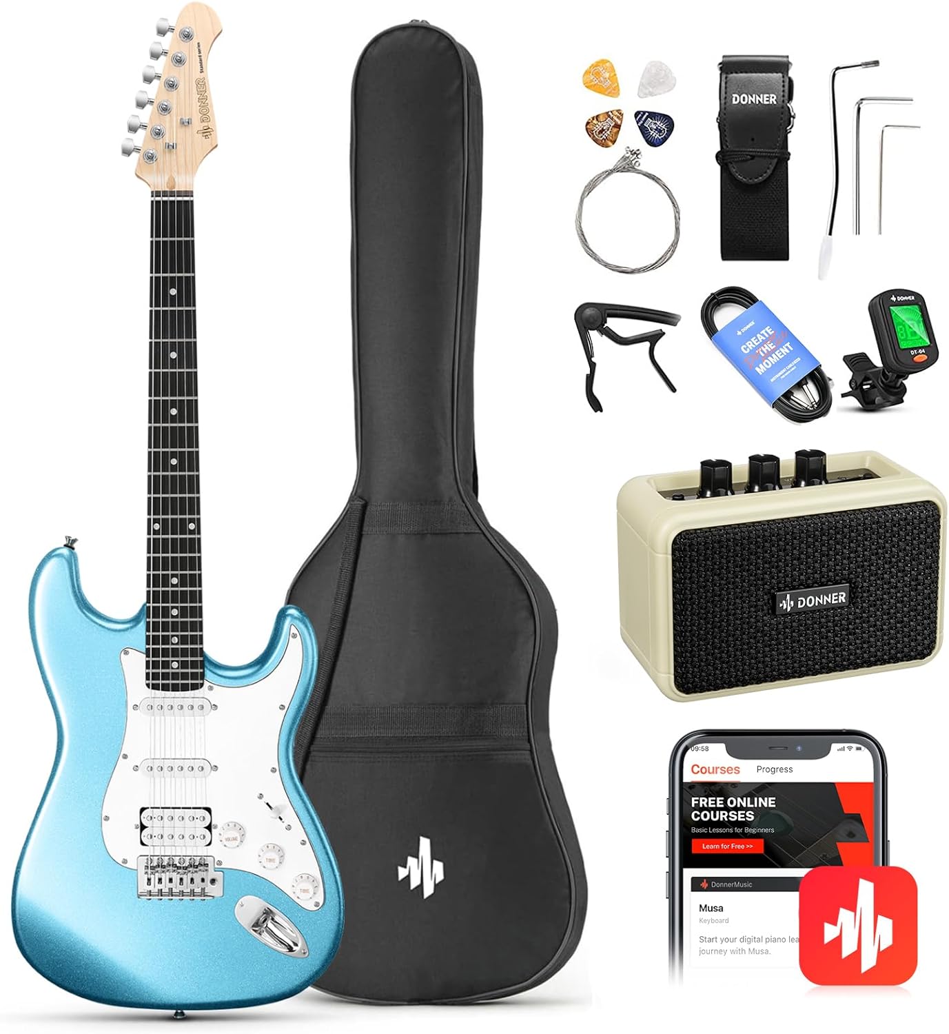 Donner 39-Inch Electric Guitar Starter Kit with Solid Body, HSS Pickup, Accessories, Amplifier, Lessons, and Digital Tuner – Lake Blue