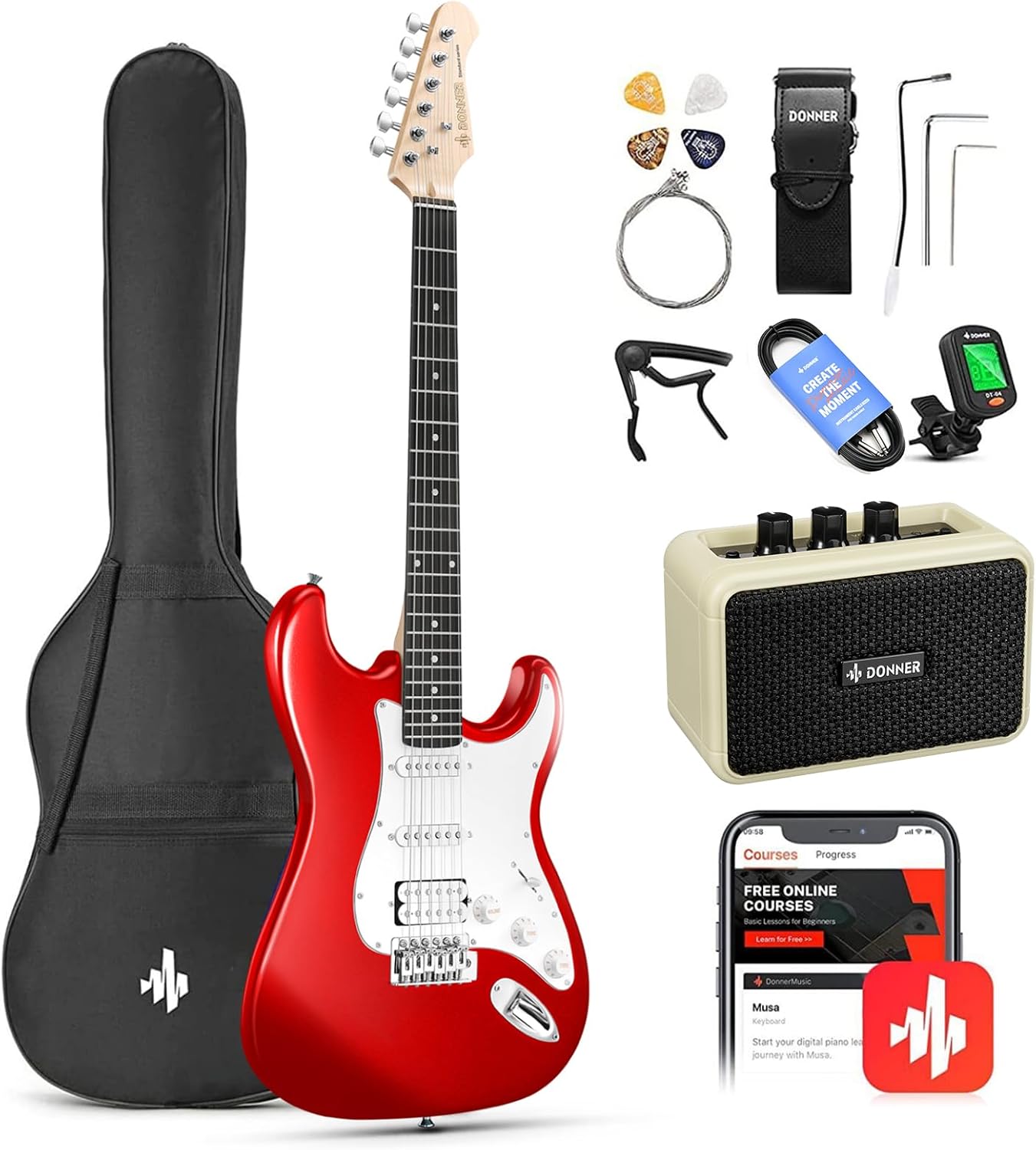Donner 39-Inch Electric Guitar Starter Kit with Solid Body, HSS Pickup, Accessories, Amplifier, Lessons, and Digital Tuner – Red